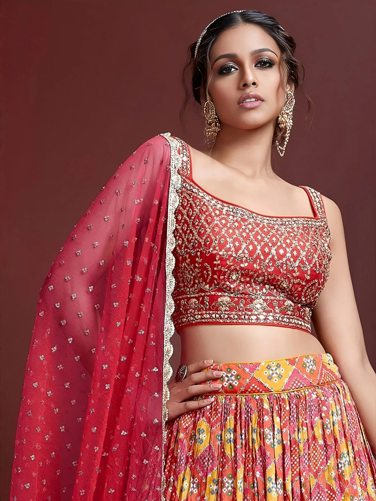 Awesome Red Embroidered Chinon Function Wear Plus Size Lehenga Choli