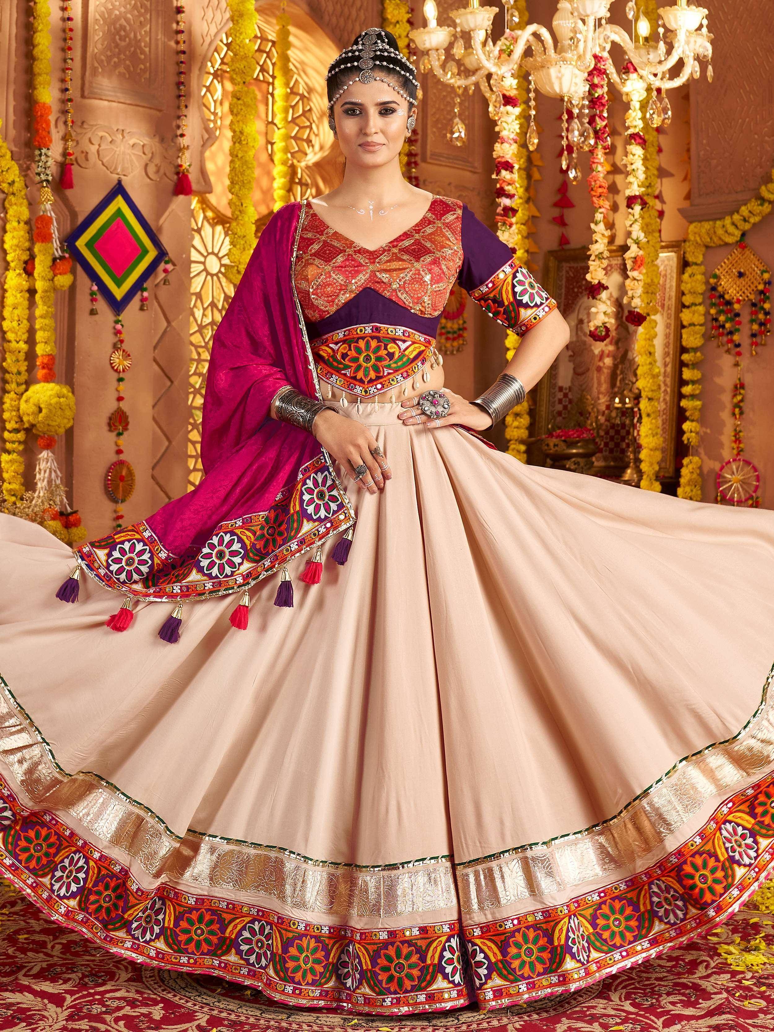 Elegant Indian ethnic lehenga choli with vibrant embroidery and floral motifs for festive occasions