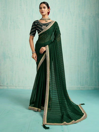 Alluring Green Chiffon Wedding Wear Saree With Embroidered Blouse