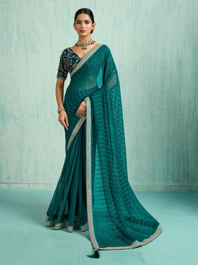 Beautiful Green Chiffon Wedding Wear Saree With Embroidered Blouse