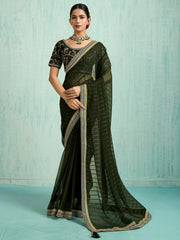Charming Green Chiffon Mehendi Wear Saree With Embroidered Blouse