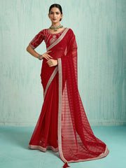 Dazzling Red Chiffon Wedding Wear Saree With Embroidered Blouse