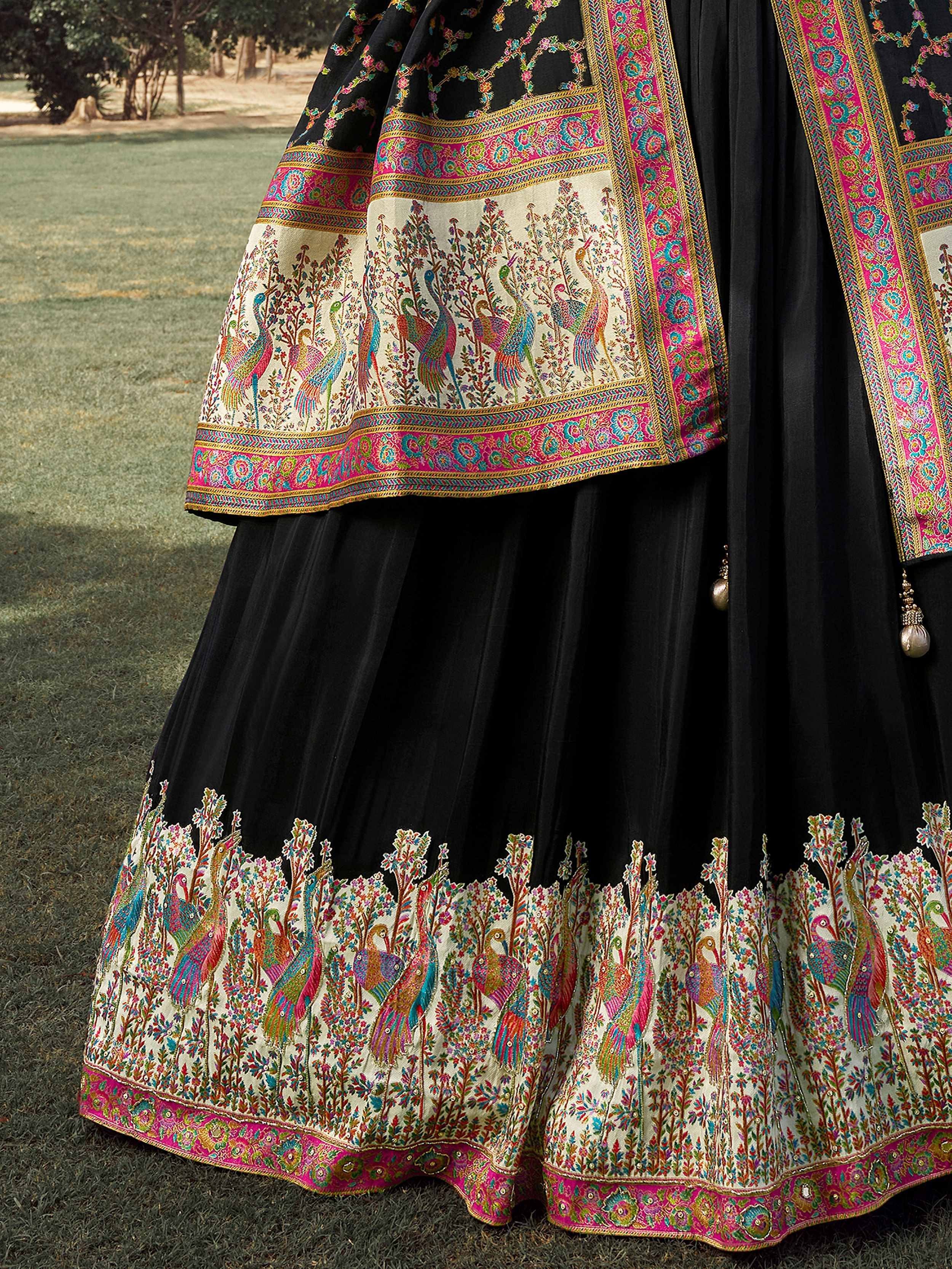 Incredible Black Embroidered Silk Festive Wear Lehenga Choli