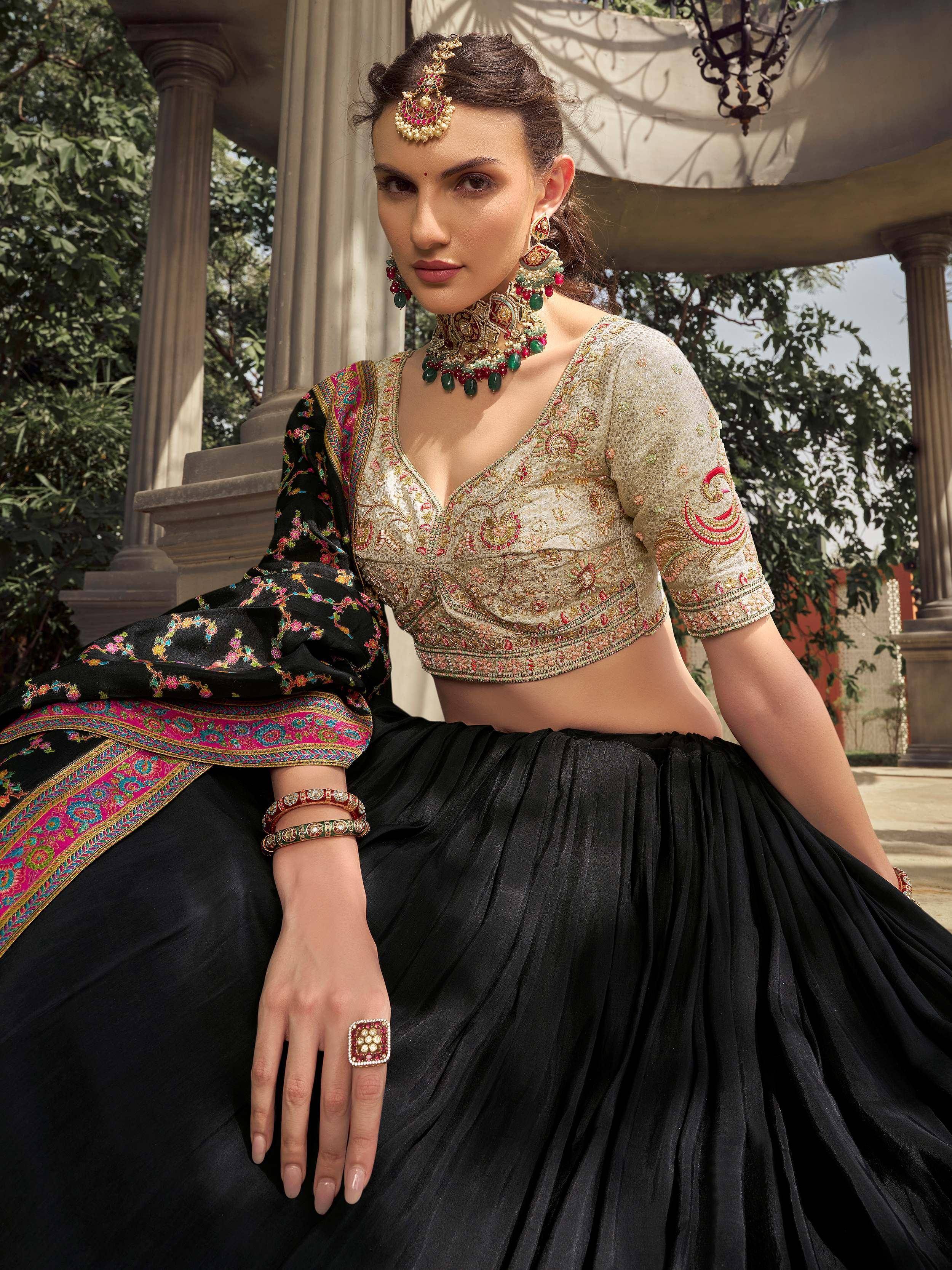 Incredible Black Embroidered Silk Festive Wear Lehenga Choli