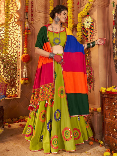 Elegant Green Viscose Cotton Embroidered Navratri Wear Lehenga Choli