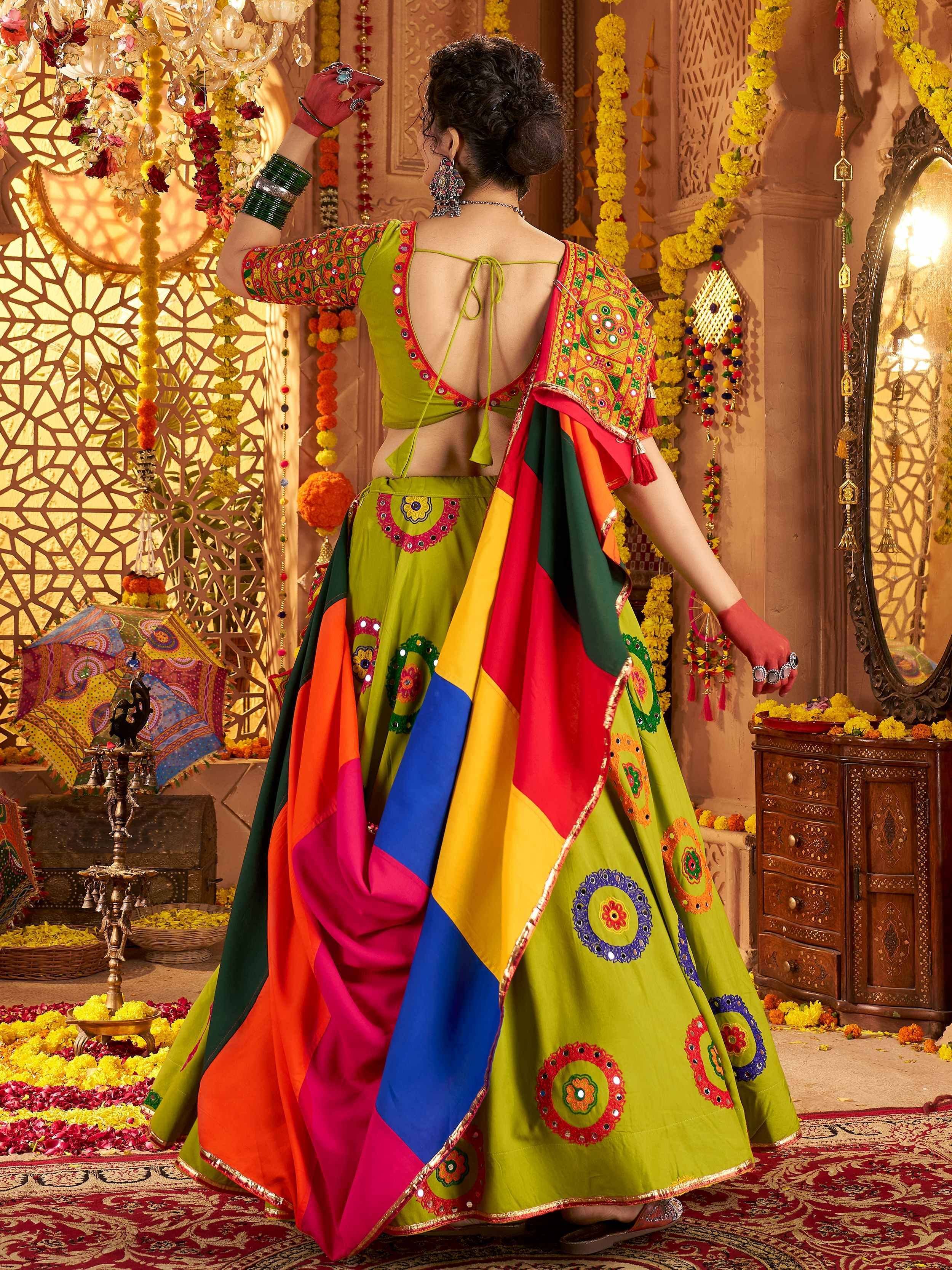 Vibrant green lehenga choli with colorful patchwork dupatta, perfect for Indian ethnic wear and festive occasions.