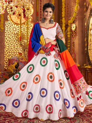 Pretty White Mirror Work Navratri Wear Lehenga Choli With Dupatta