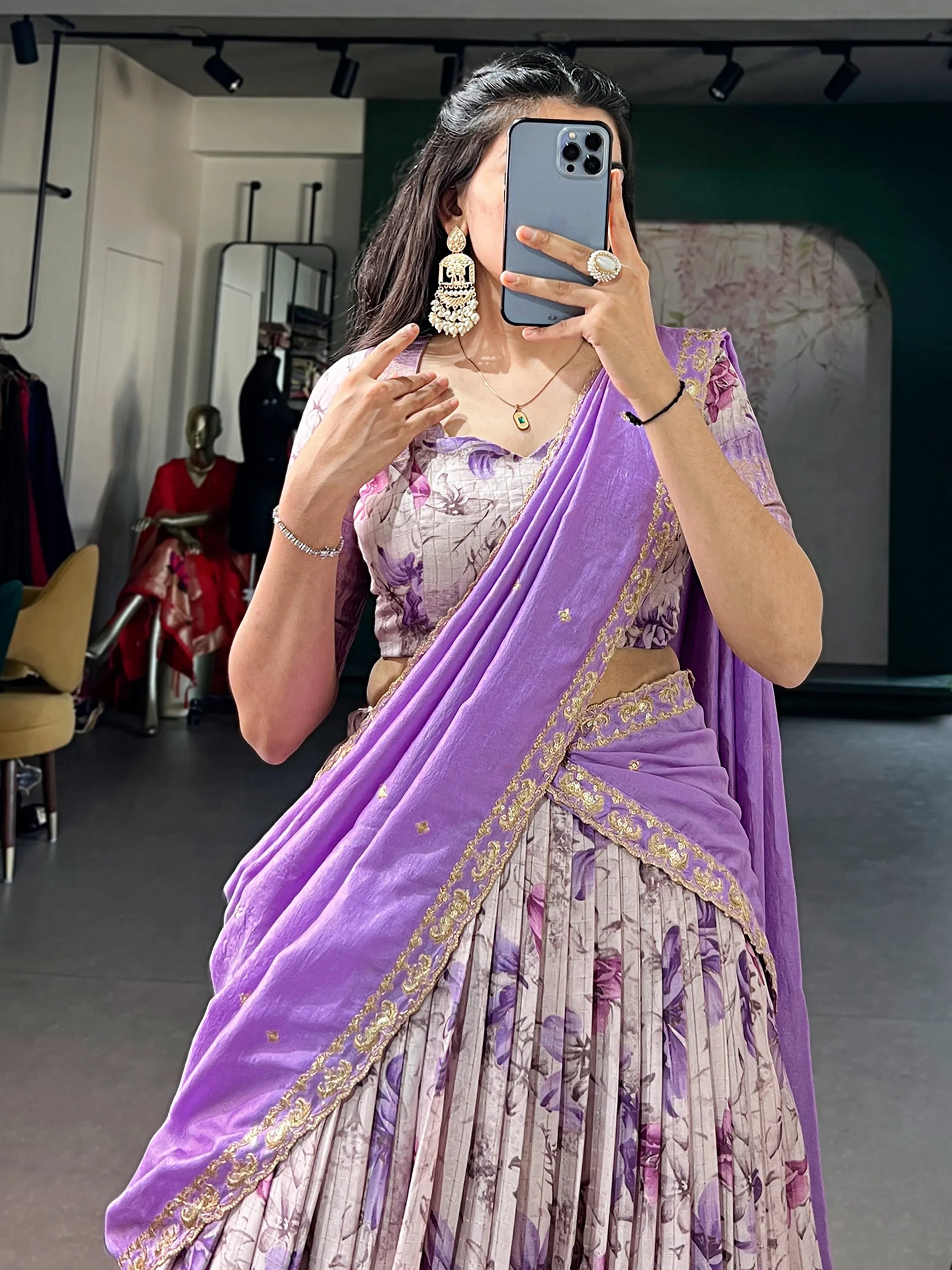 Beautiful Lavender Floral Printed Silk Festive Wear Half Saree Lehenga