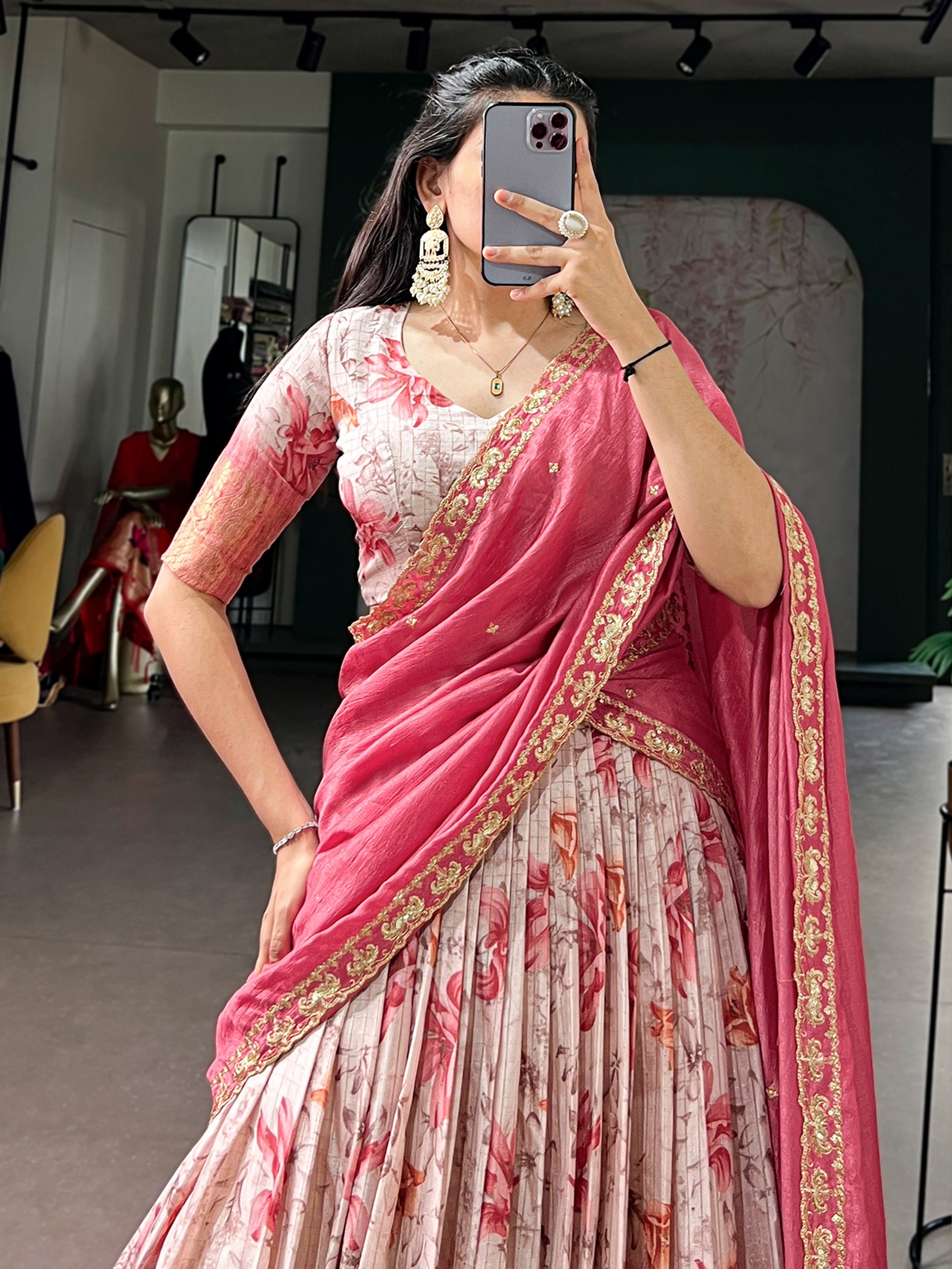 Adorable Pink Floral Printed Silk Wedding Wear Half Saree Lehenga