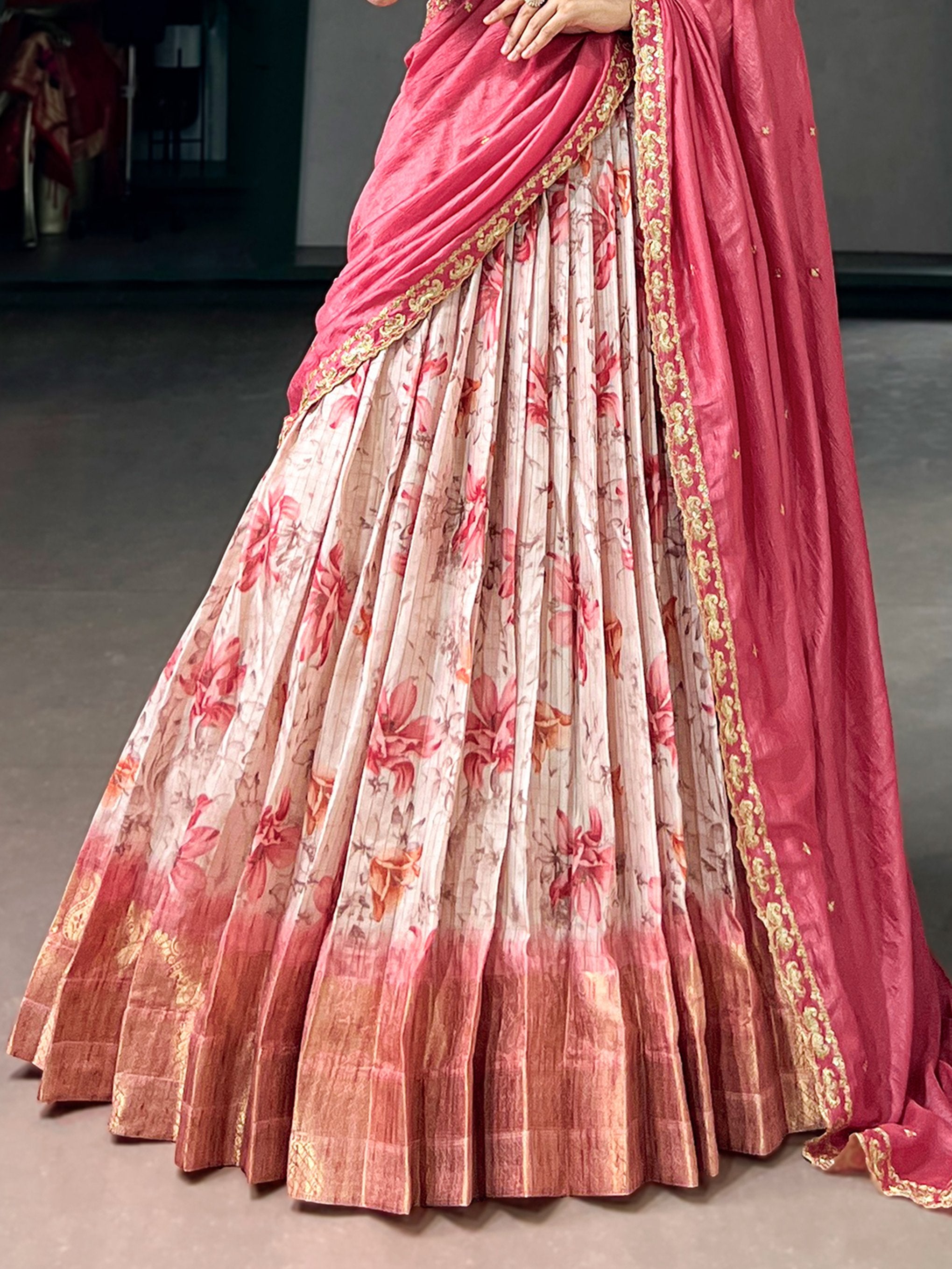 Adorable Pink Floral Printed Silk Wedding Wear Half Saree Lehenga