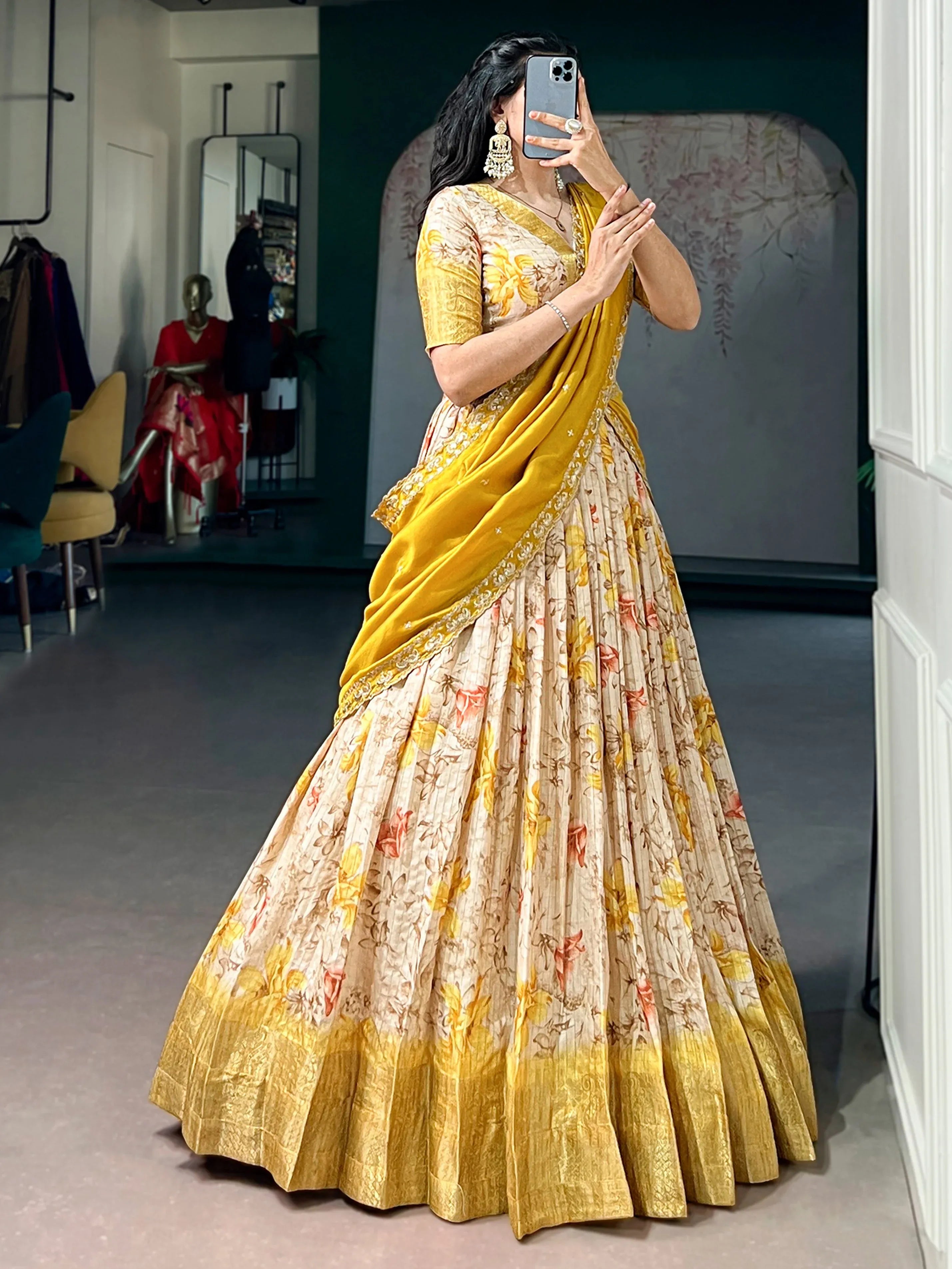 Sparkling Yellow Floral Printed Silk Haldi Wear Half Saree Lehenga