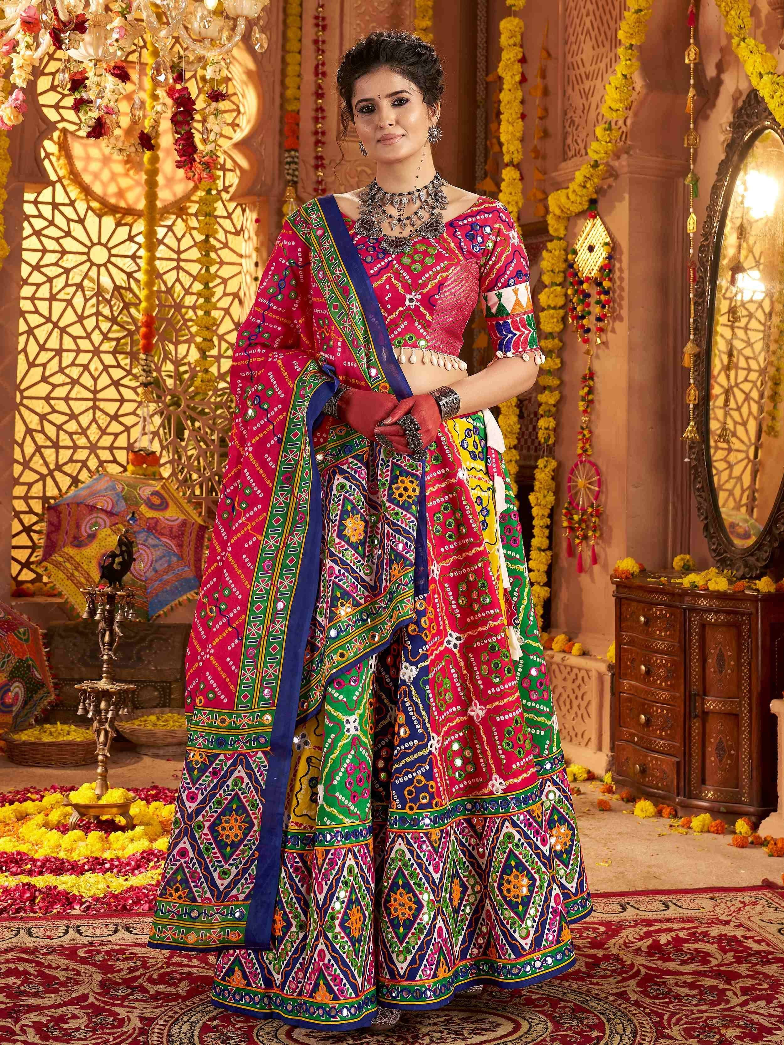 Vibrant Indian ethnic lehenga choli with mirror work, perfect for festive occasions and weddings.