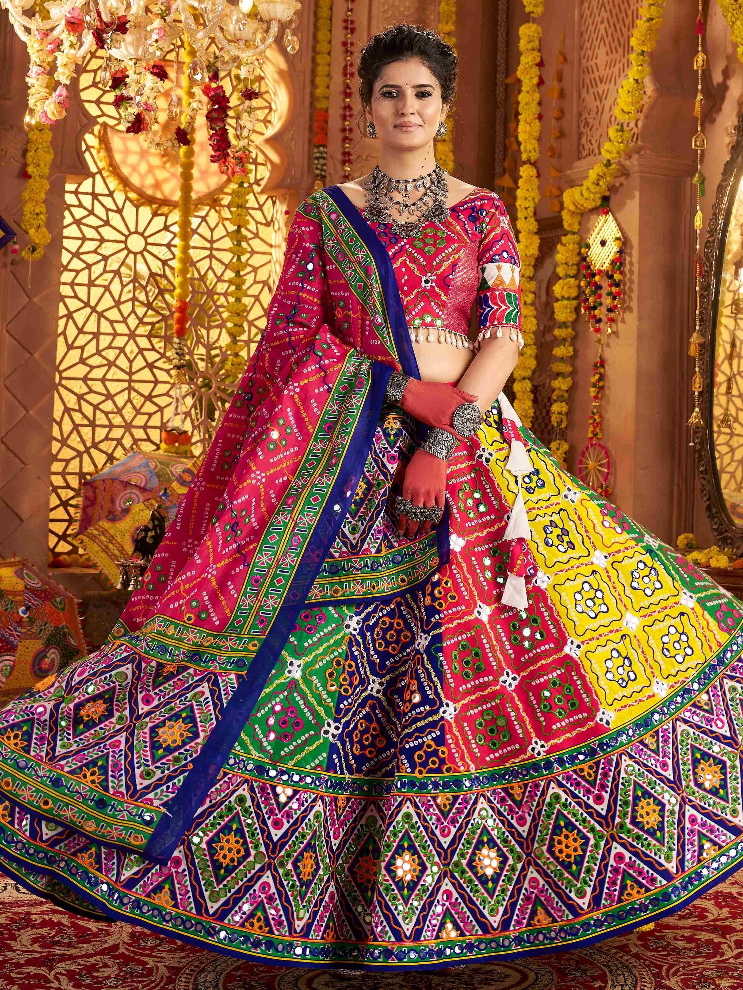 Vibrant Indian ethnic lehenga choli with mirror work, perfect for festive occasions and weddings.