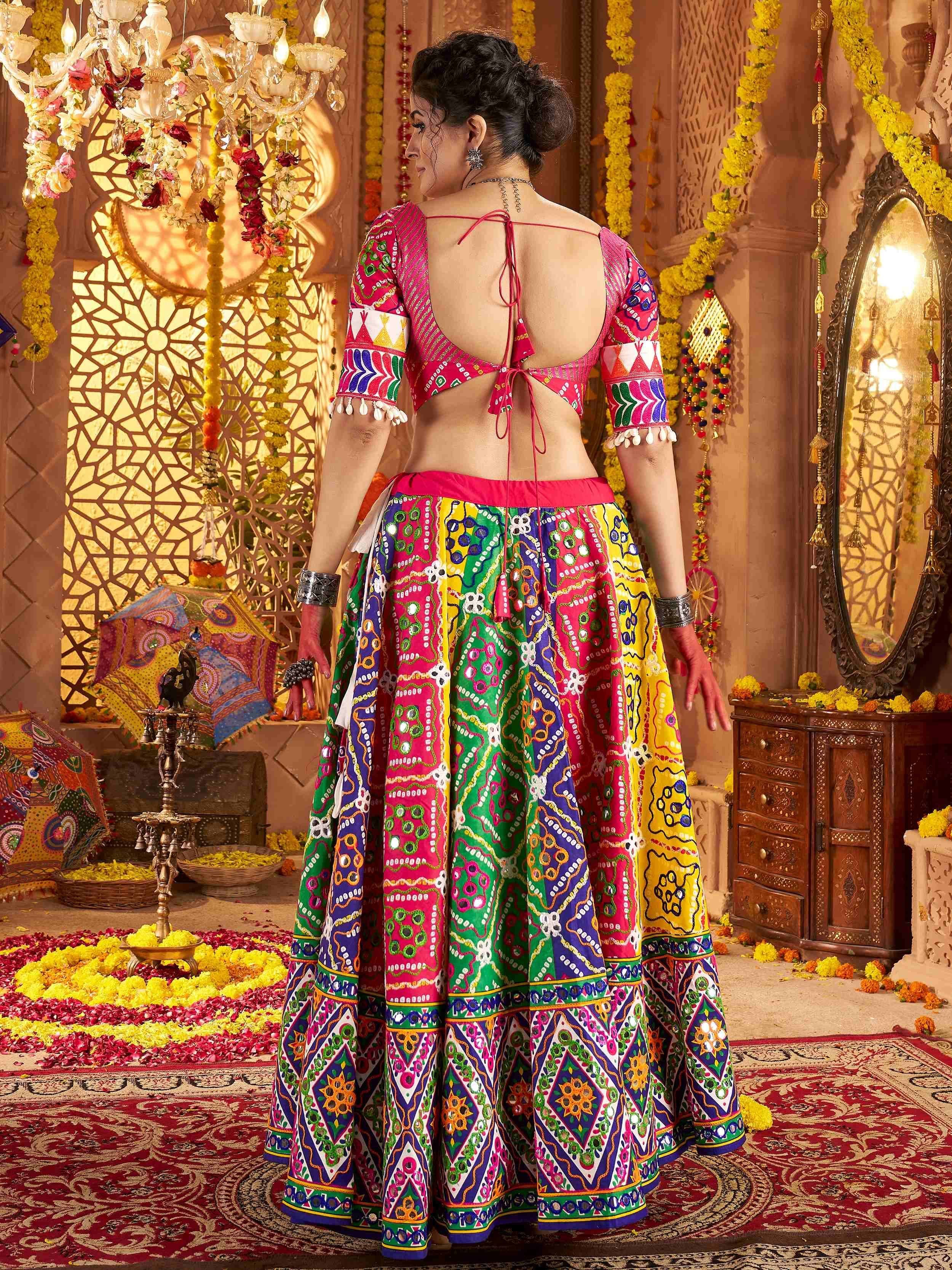 Colorful Indian ethnic lehenga choli with mirror work, perfect for festive occasions and weddings