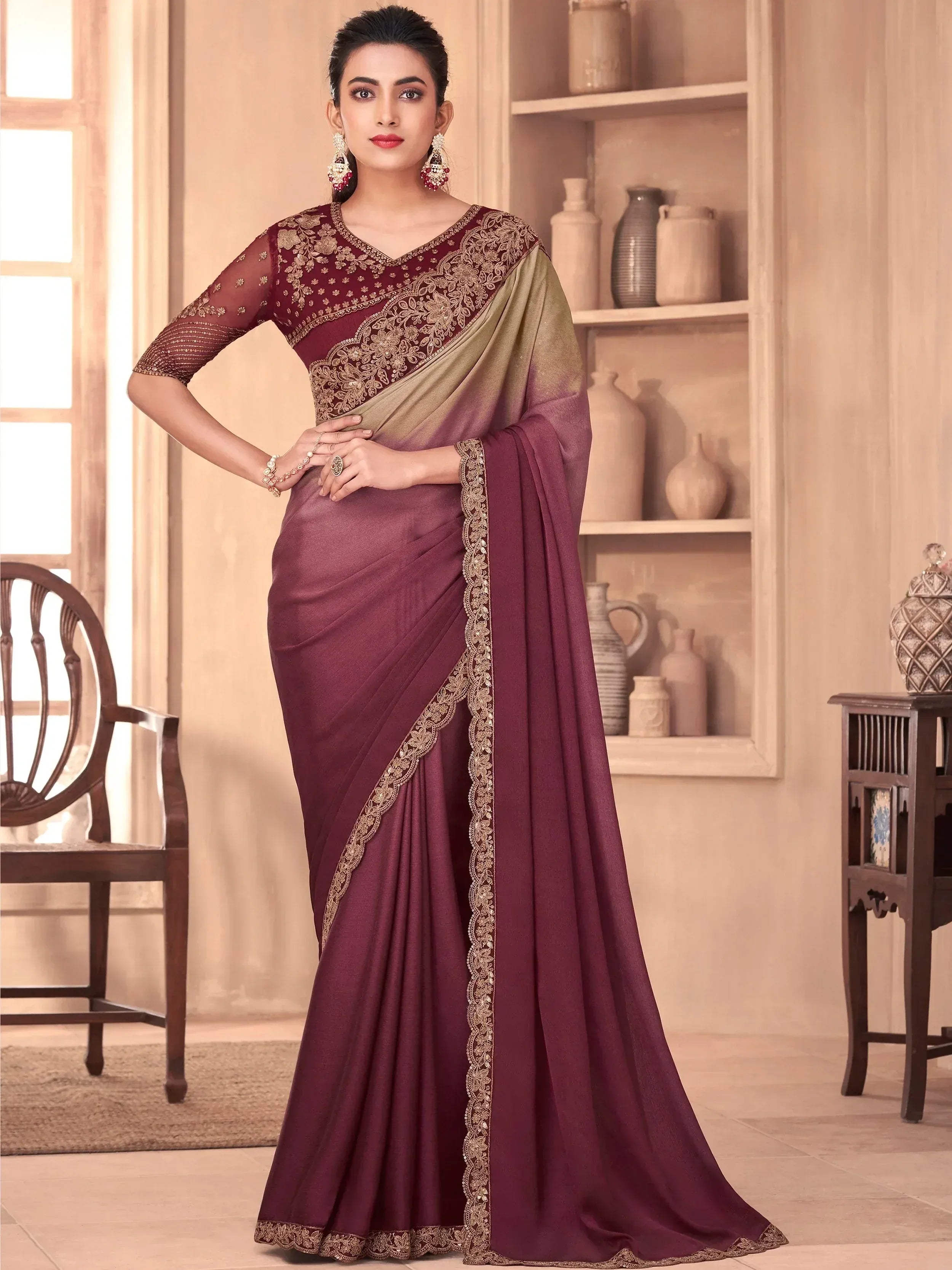 Charming Purple Embroidered Silk Wedding Wear Saree With Blouse
