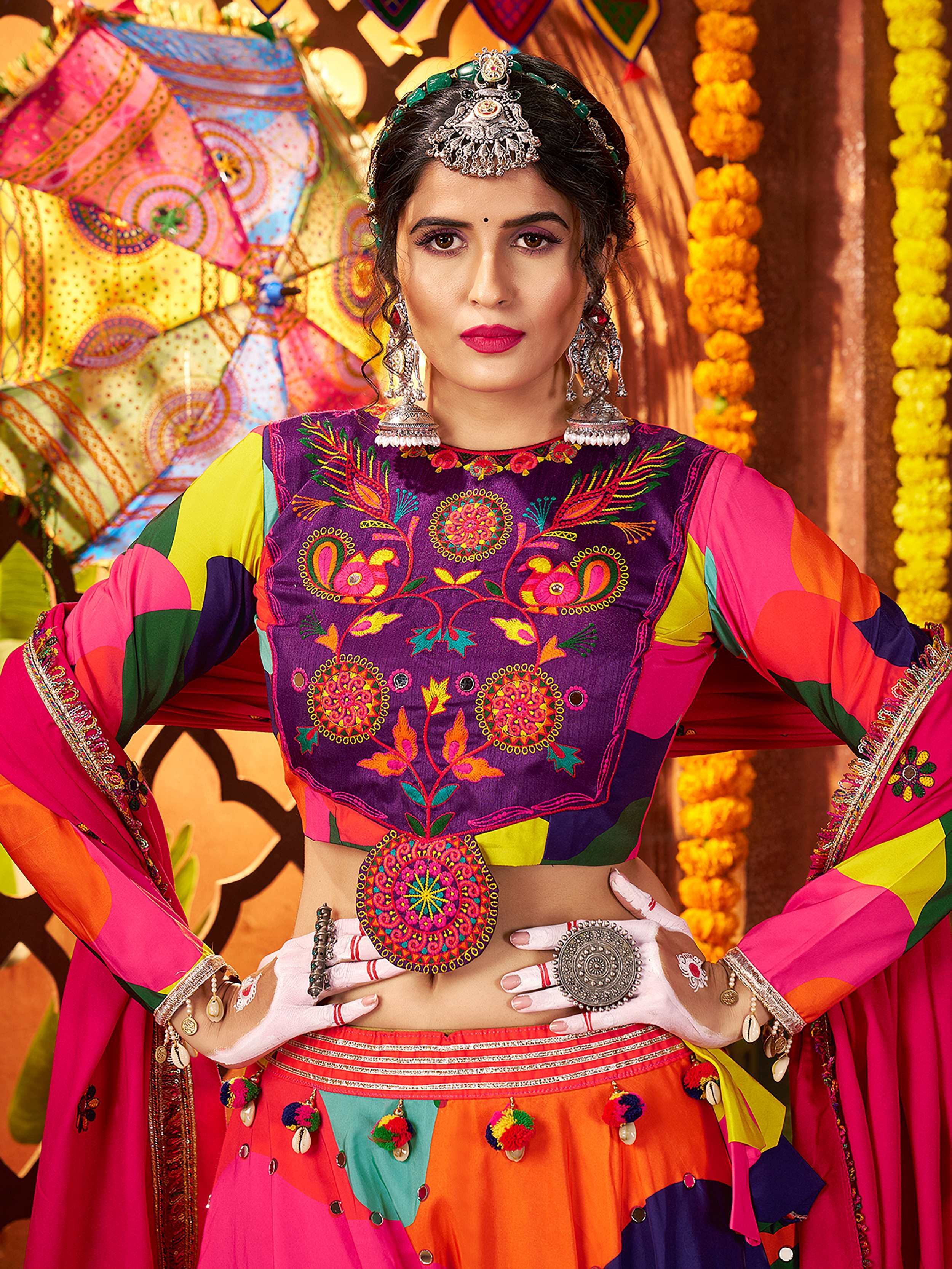 Tantalizing Multi-Color Muslin Mirror Work Navratri Wear Lehenga Choli
