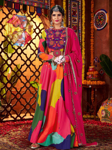 Tantalizing Multi-Color Muslin Mirror Work Navratri Wear Lehenga Choli