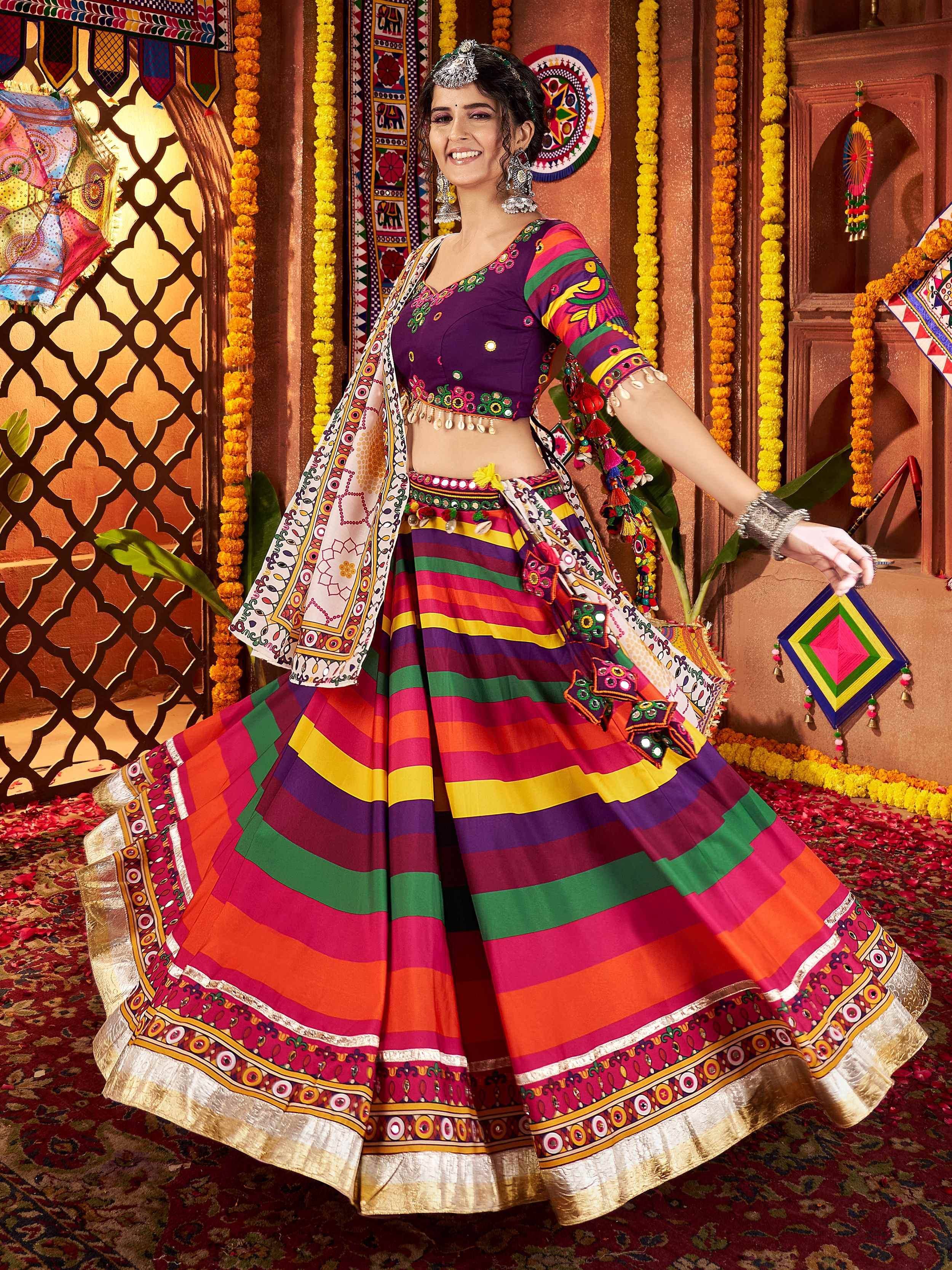 Colorful striped Indian lehenga choli with mirror work, perfect for festive occasions and traditional celebrations.