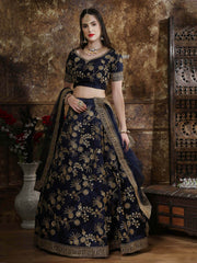 Elegant Navy Blue Silk Zari Embroidered Lehenga Choli With Dupatta