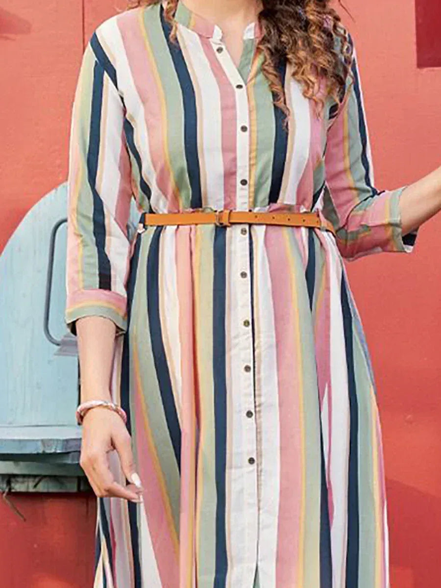 Multicolor striped ethnic shirt dress with belt, perfect for casual wear