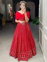 Appealing Red Sequins Georgette Party Wear Crop Top Lehenga
