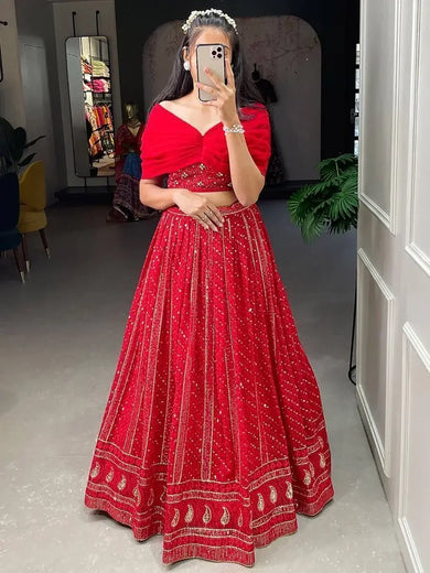 Appealing Red Sequins Georgette Party Wear Crop Top Lehenga