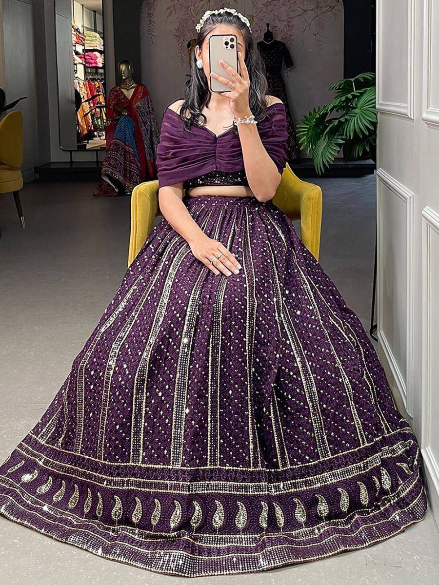 Purple designer lehenga choli with gold embroidery, perfect for Indian ethnic wear occasions