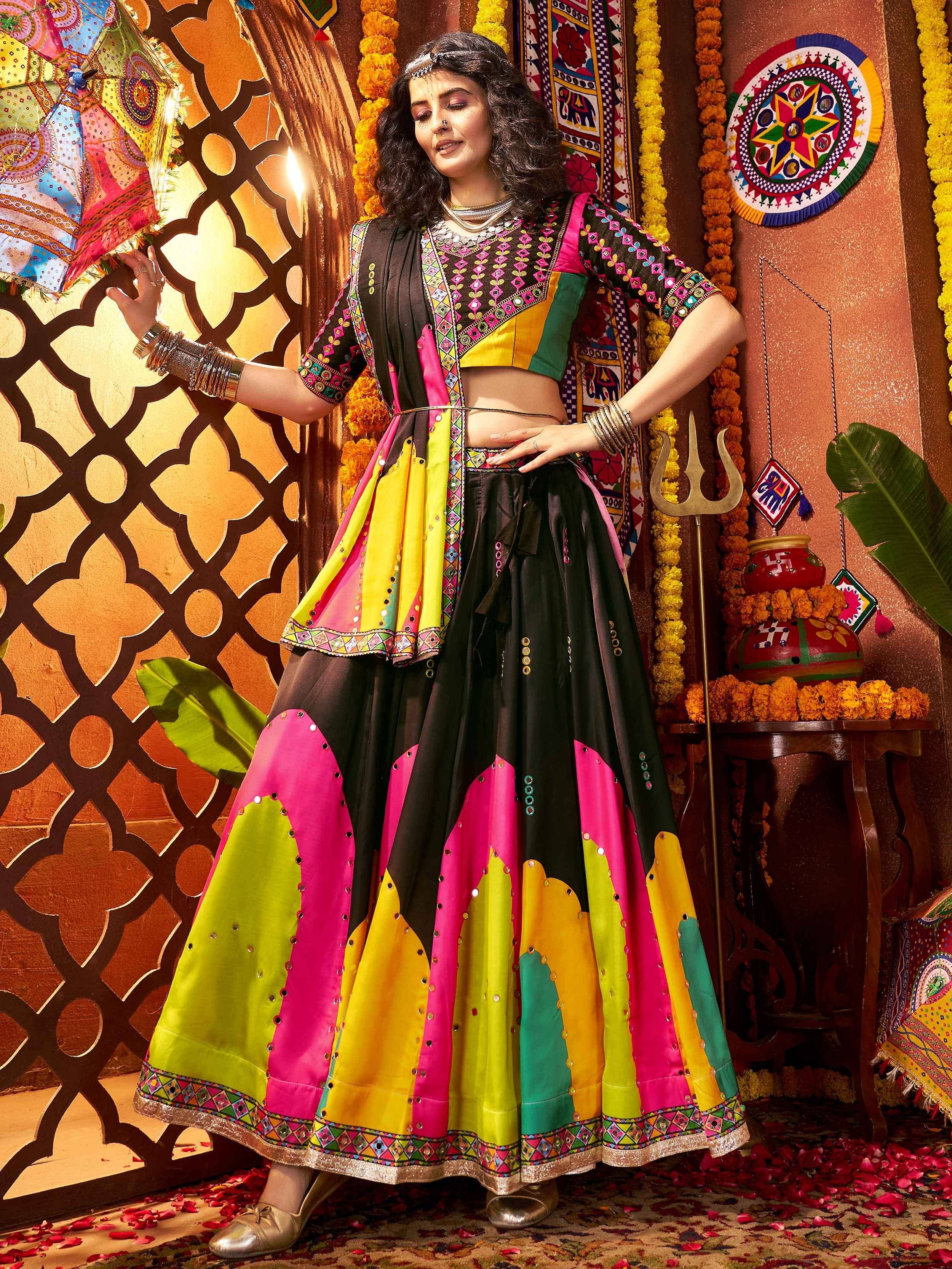 Vibrant Indian ethnic wear: colorful lehenga choli with mirror work, perfect for festive occasions and celebrations.