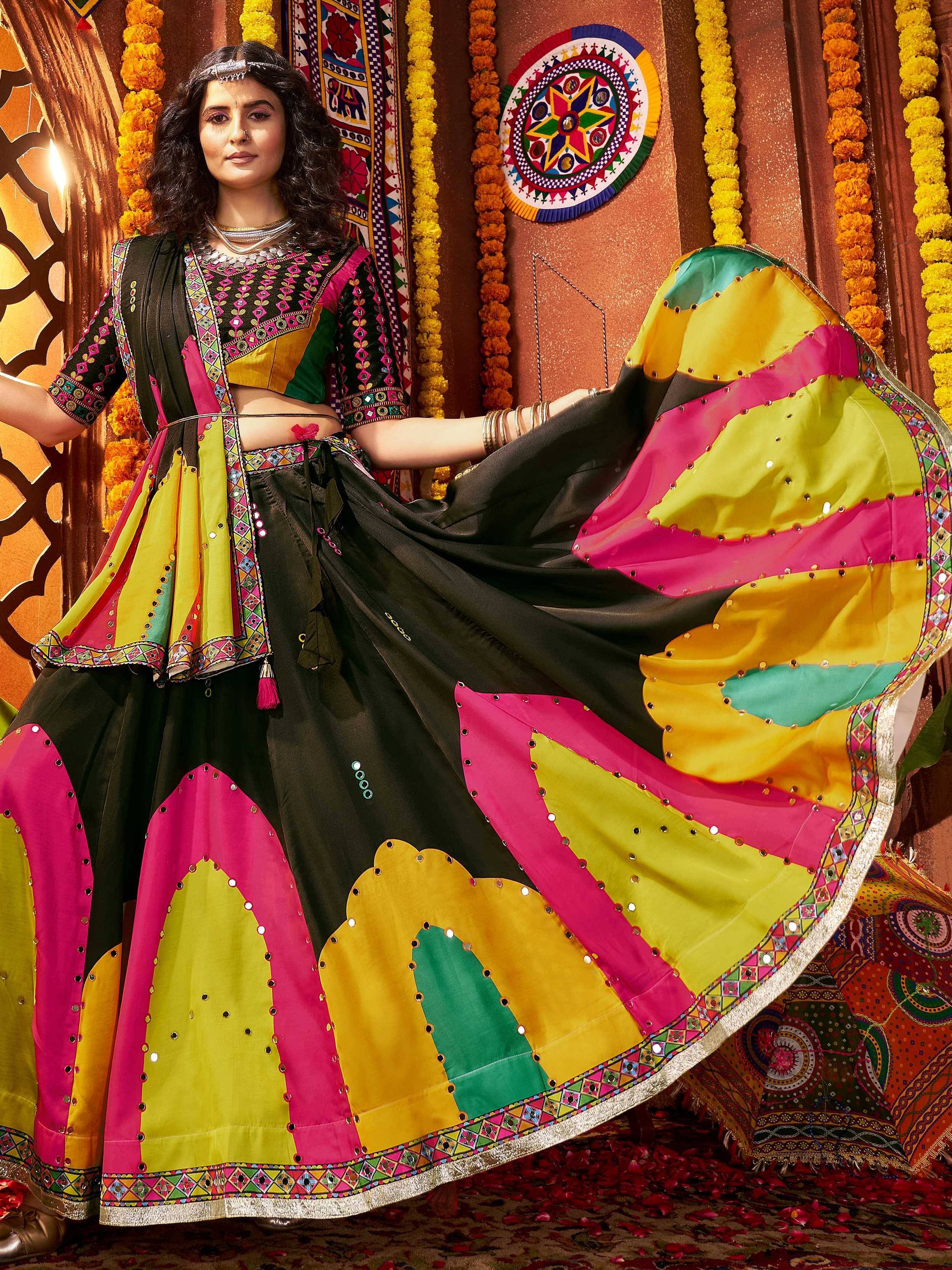Colorful Indian ethnic wear with mirror work, perfect for festive occasions and traditional celebrations.
