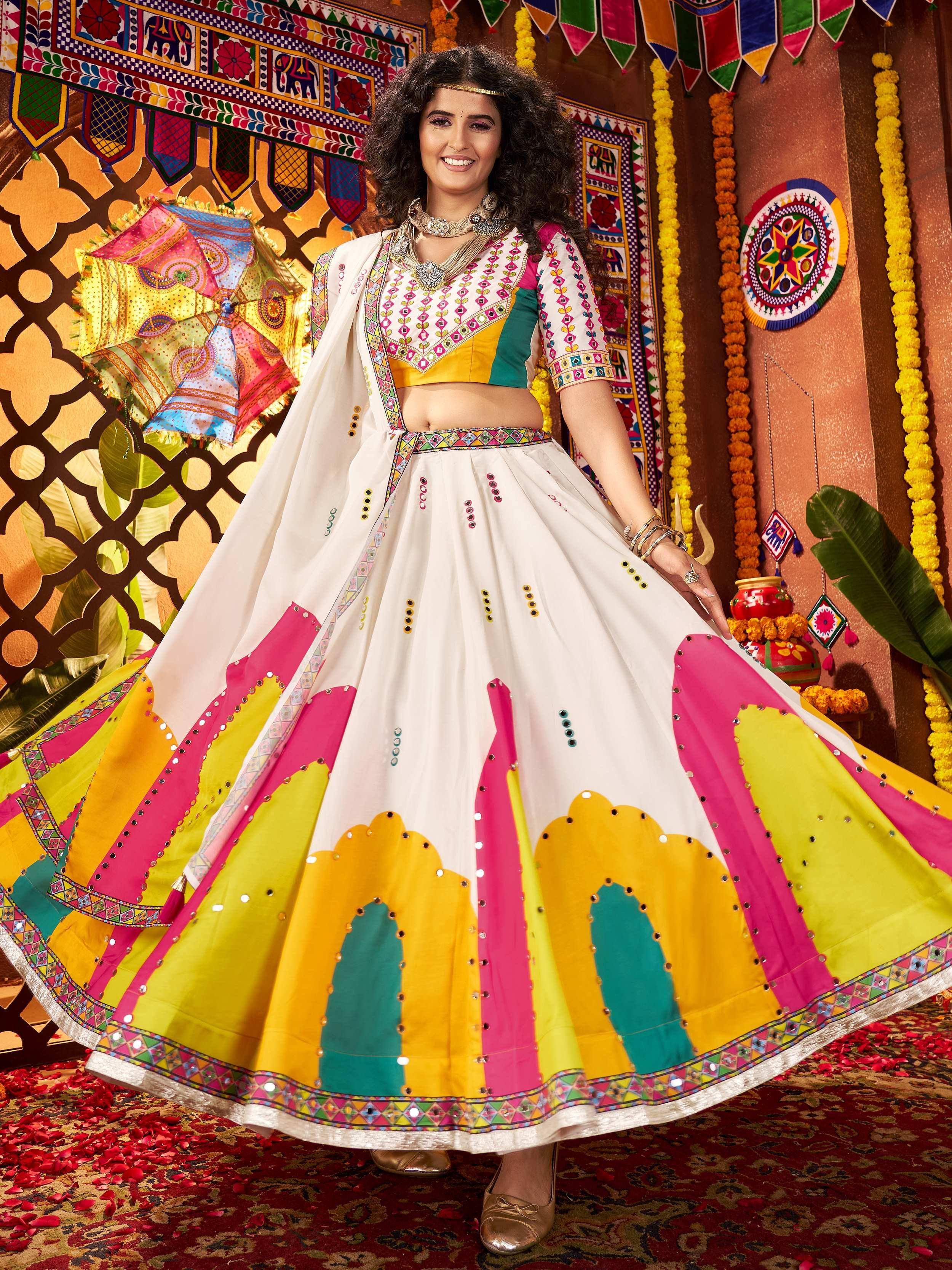 Vibrant Indian ethnic lehenga choli with mirror work, colorful panels, and traditional embroidery for festive occasions
