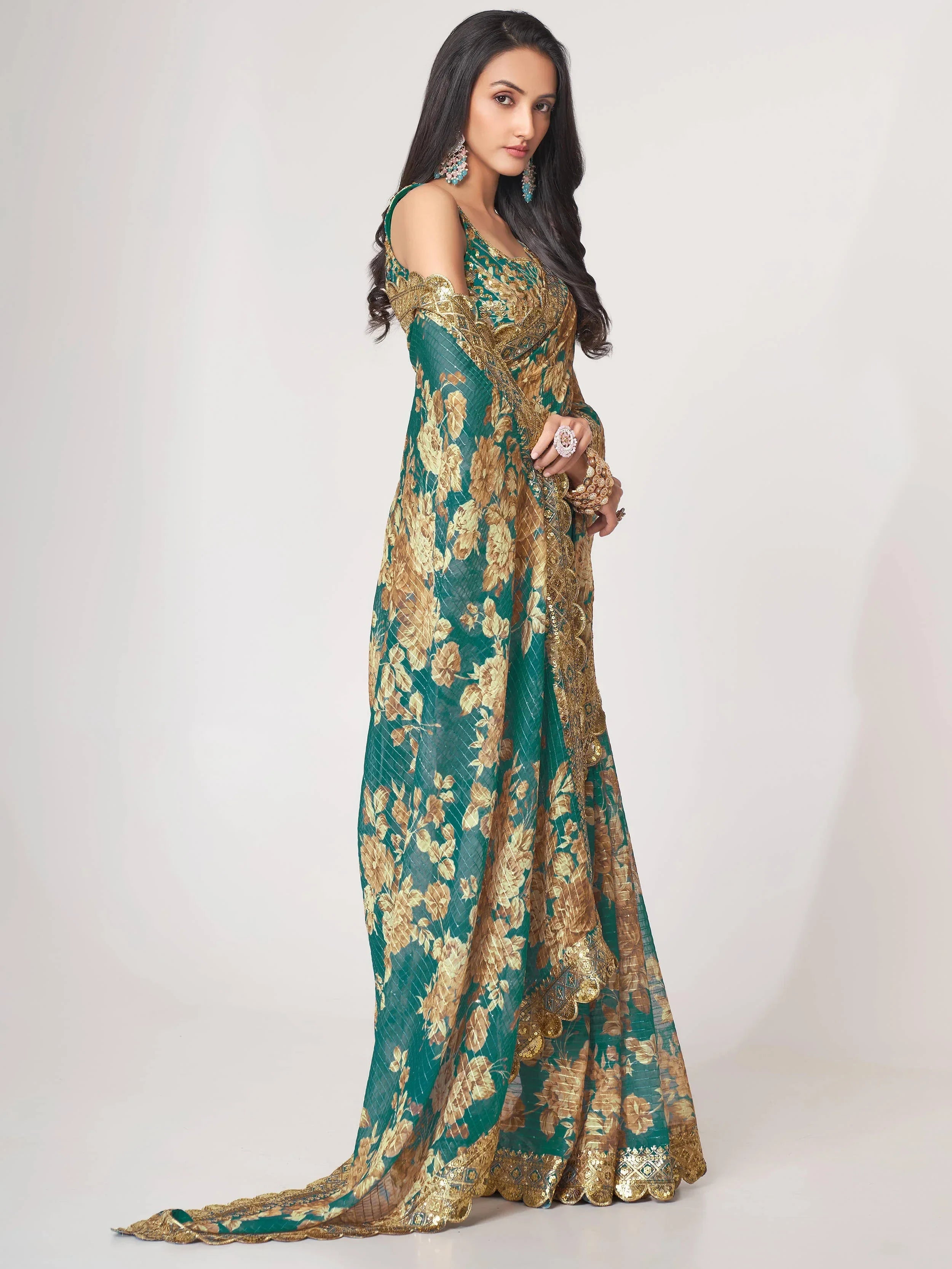 Bewitching Teal Blue Floral Printed Organza Party Wear Saree
