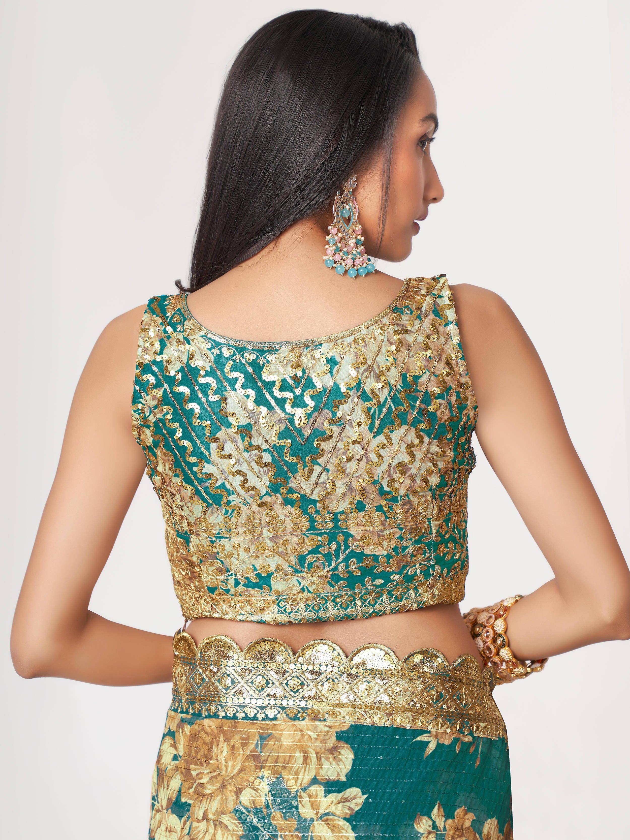 Bewitching Teal Blue Floral Printed Organza Party Wear Saree