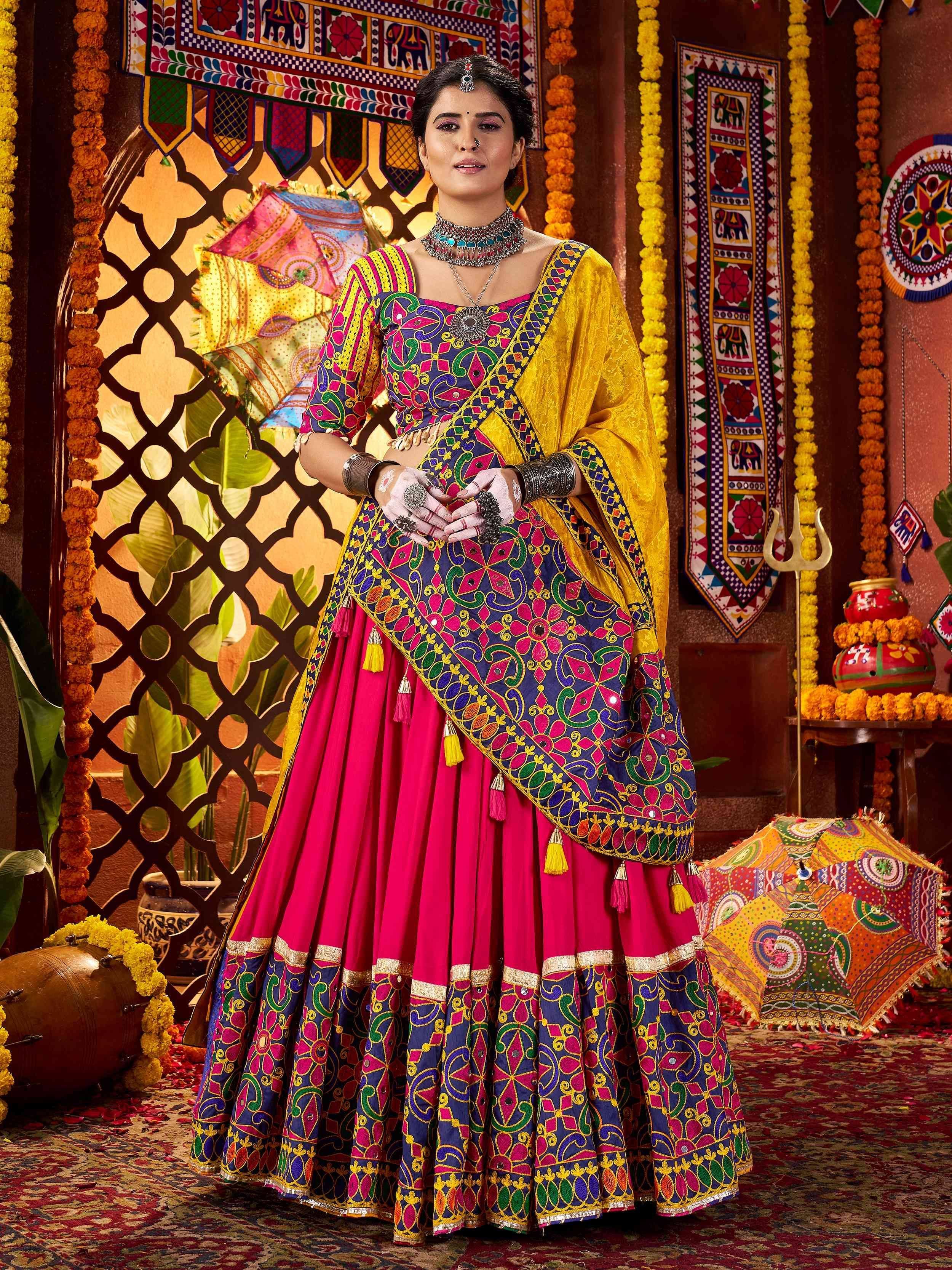 Vibrant Indian ethnic lehenga choli with colorful embroidery, perfect for festive occasions and traditional celebrations.
