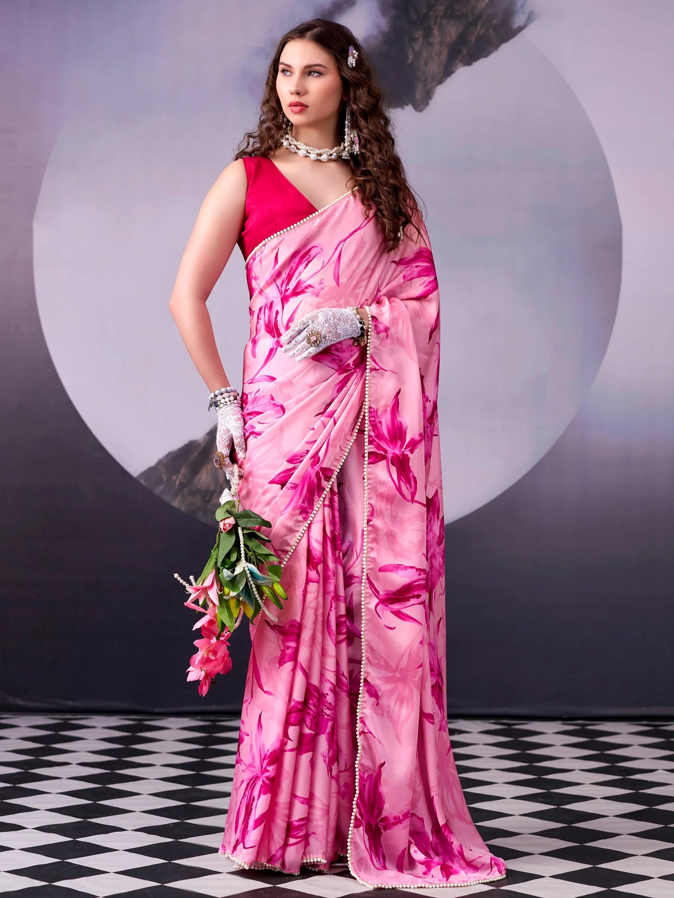 Awesome Pink Floral Printed Satin Festive Wear Saree With Blouse