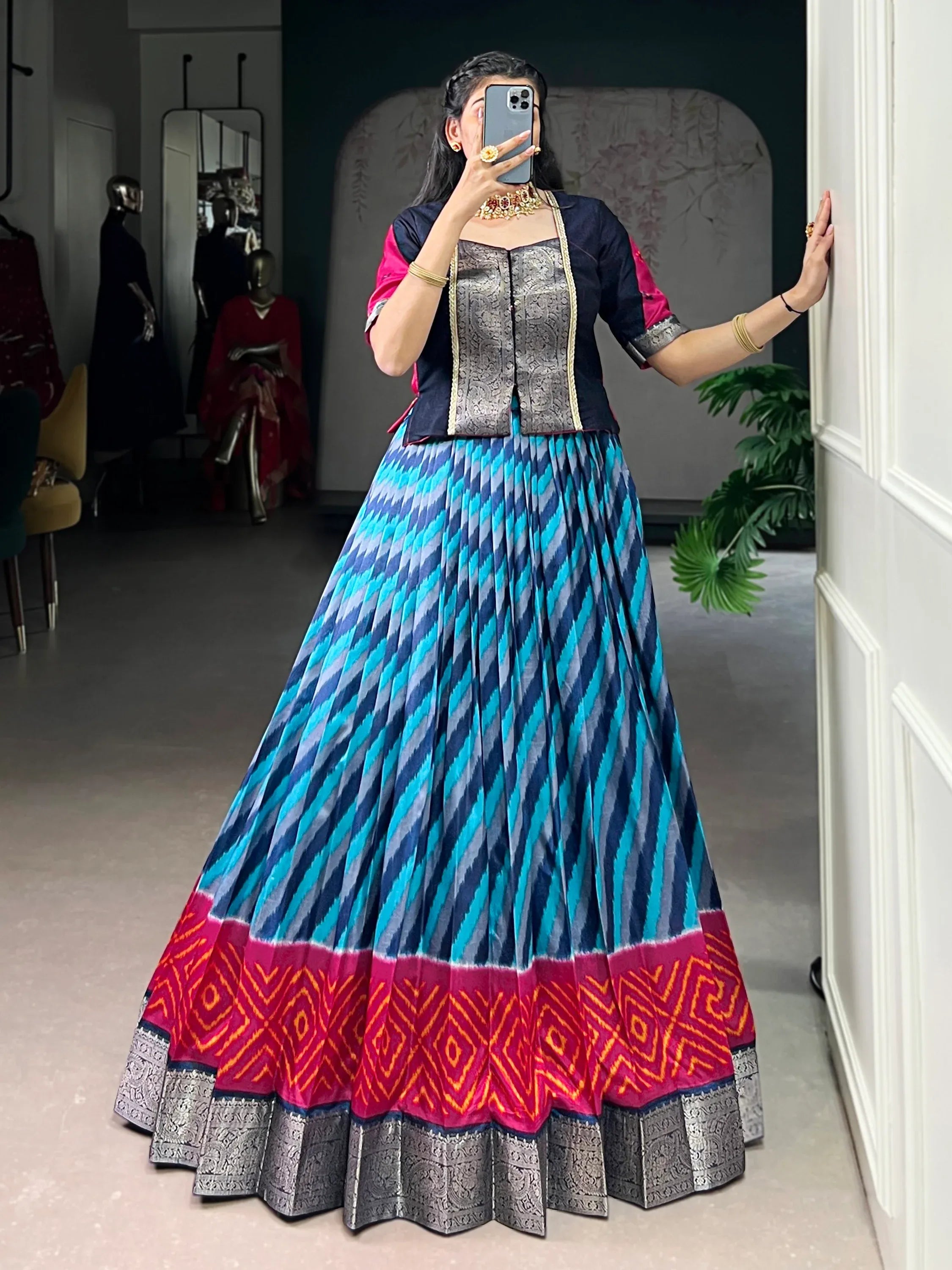 Awesome Sky Blue Leheriya Printed Silk Traditional Lehenga Choli