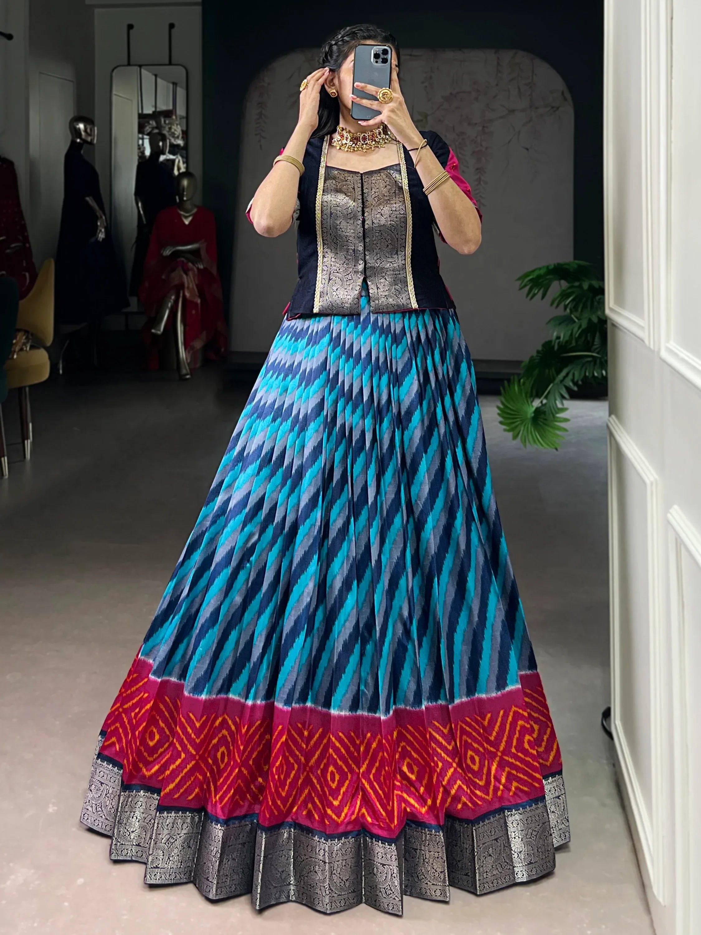 Awesome Sky Blue Leheriya Printed Silk Traditional Lehenga Choli