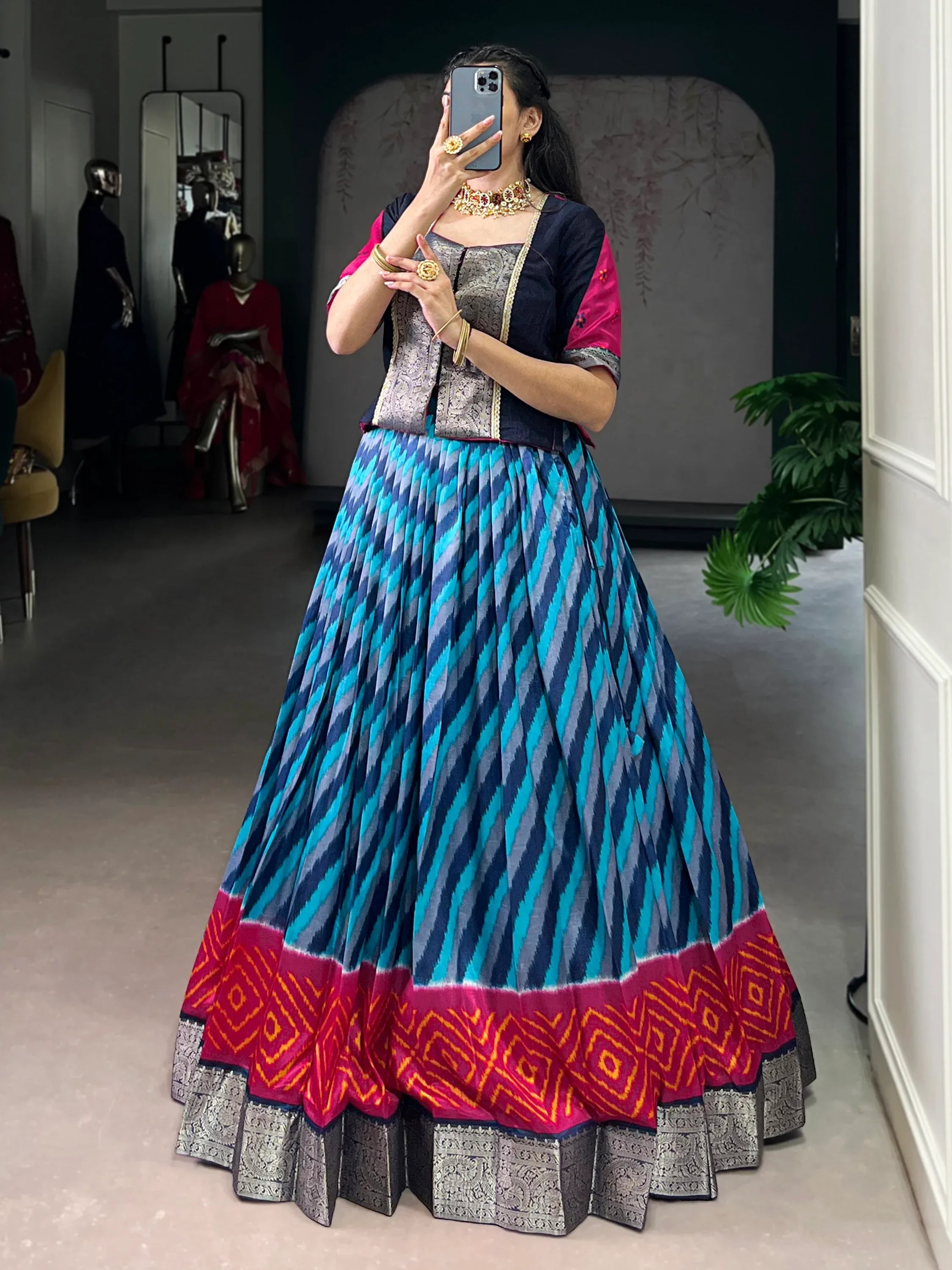 Awesome Sky Blue Leheriya Printed Silk Traditional Lehenga Choli