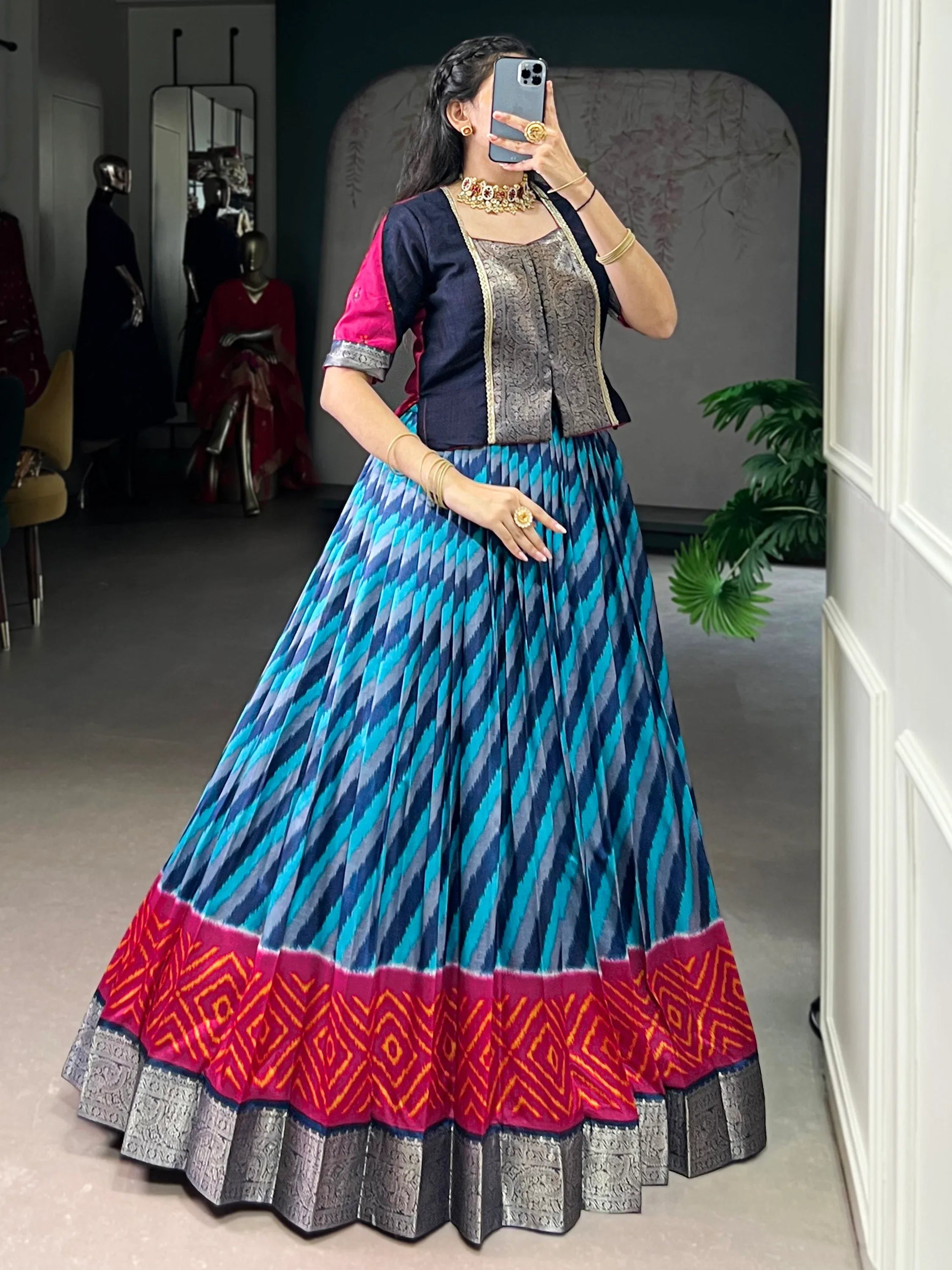 Awesome Sky Blue Leheriya Printed Silk Traditional Lehenga Choli