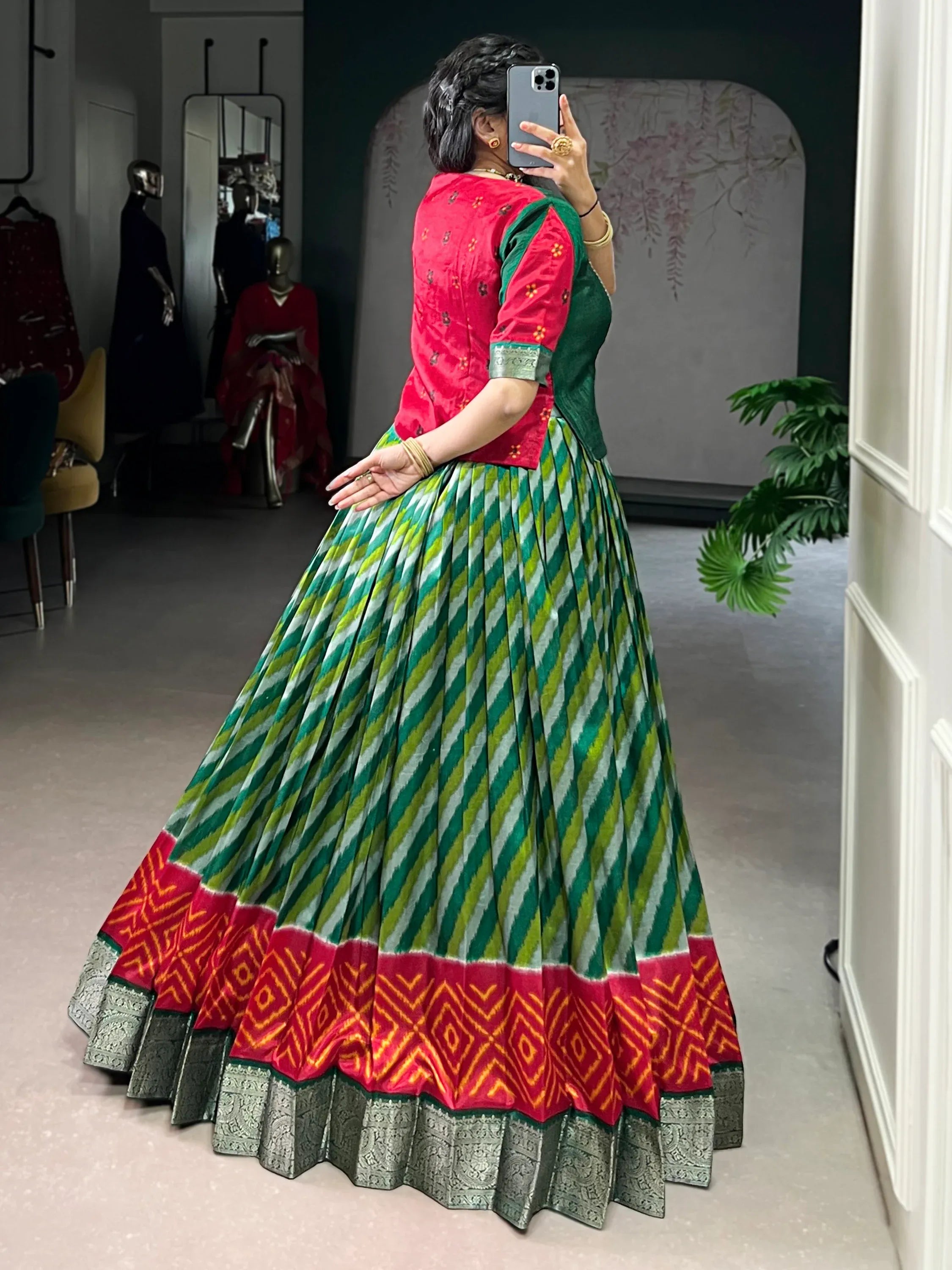 Stunning Green Leheriya Printed Silk Festive Wear Lehenga Choli