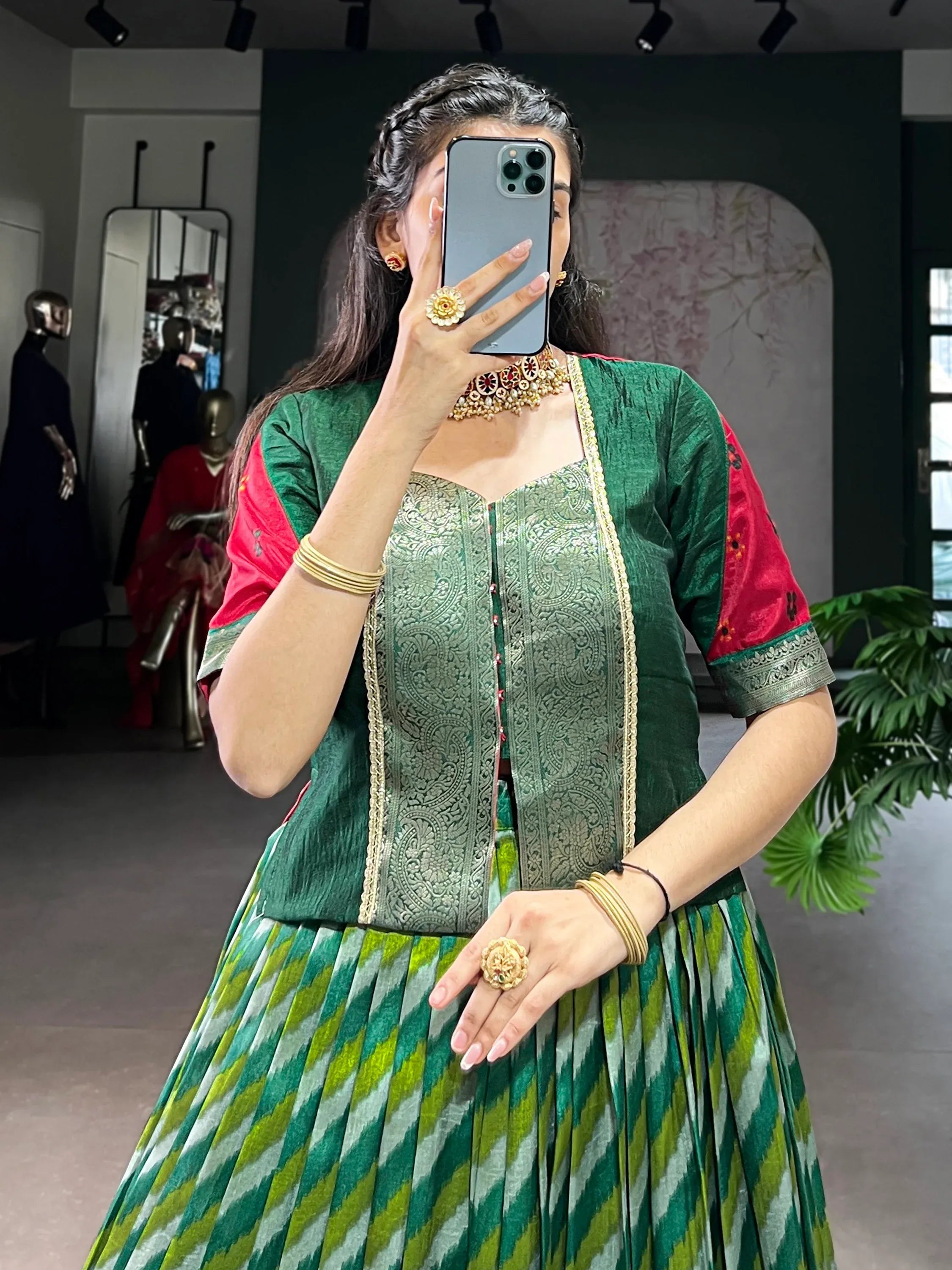Stunning Green Leheriya Printed Silk Festive Wear Lehenga Choli