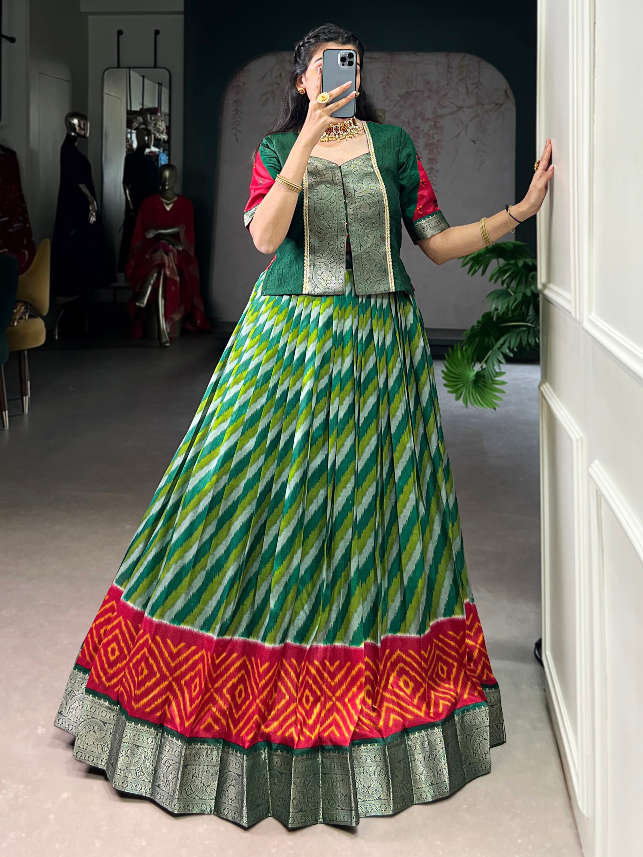 Stunning Green Leheriya Printed Silk Festive Wear Lehenga Choli