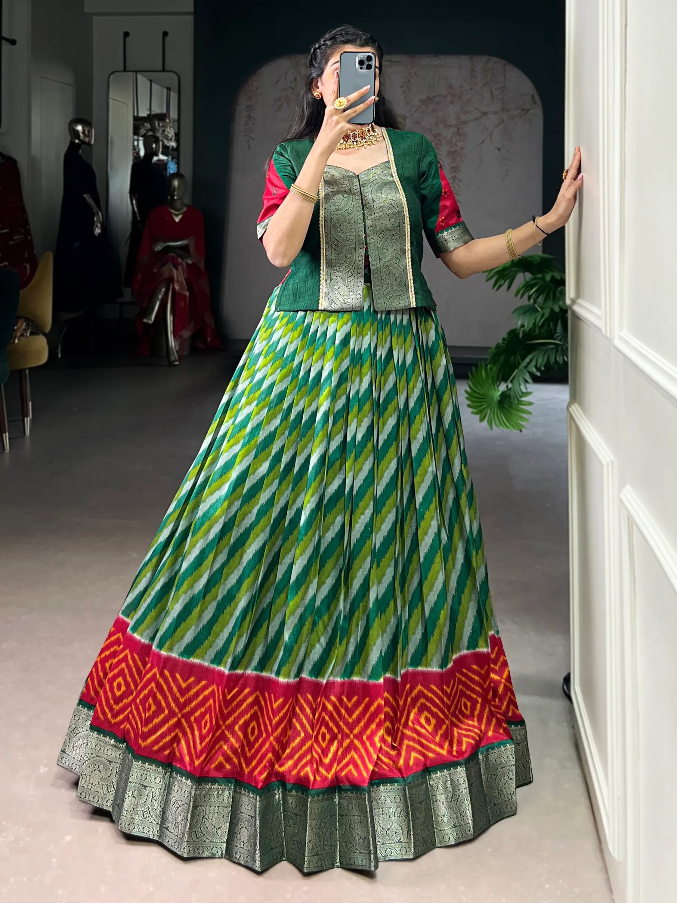 Stunning Green Leheriya Printed Silk Festive Wear Lehenga Choli
