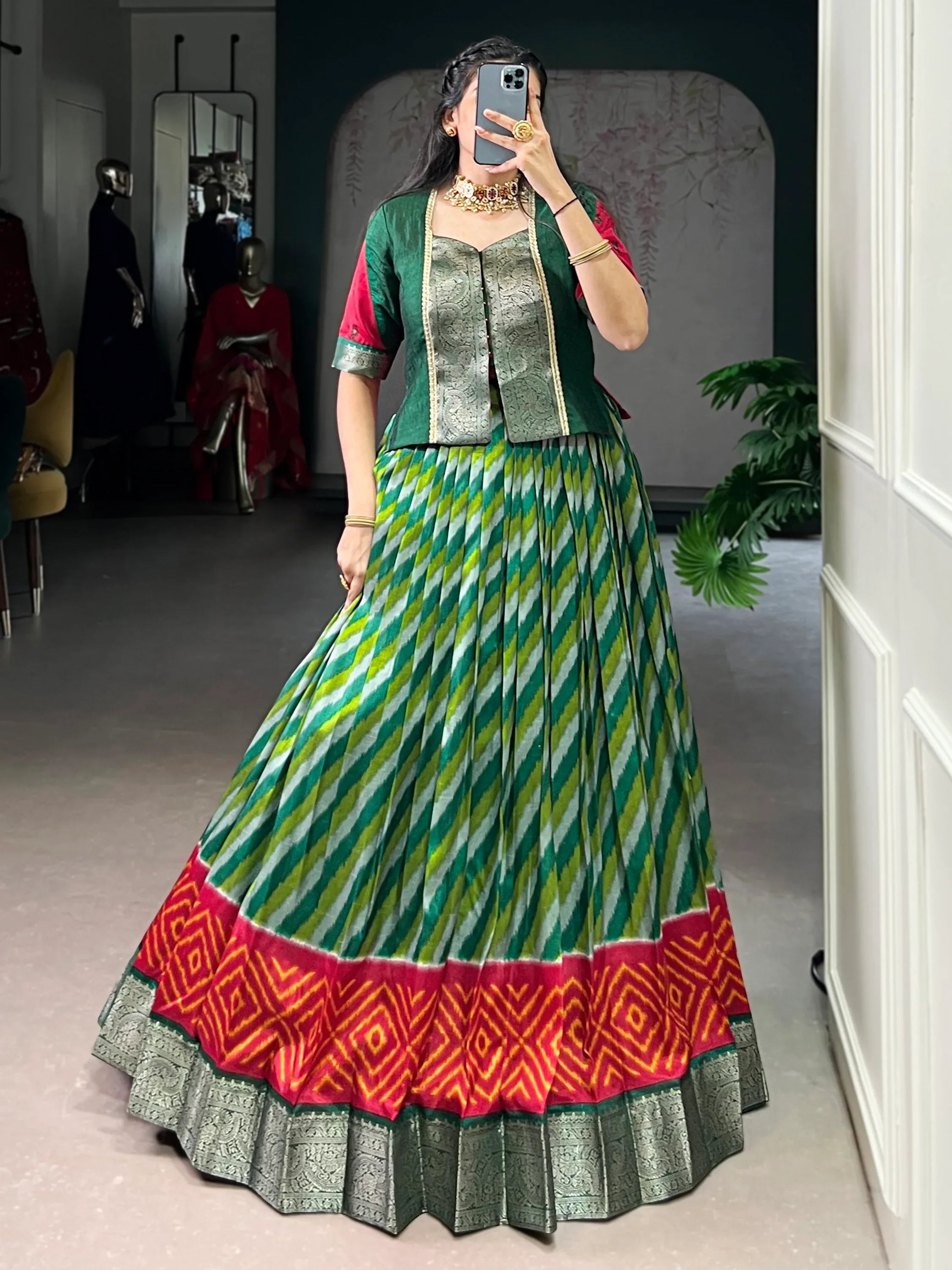 Stunning Green Leheriya Printed Silk Festive Wear Lehenga Choli