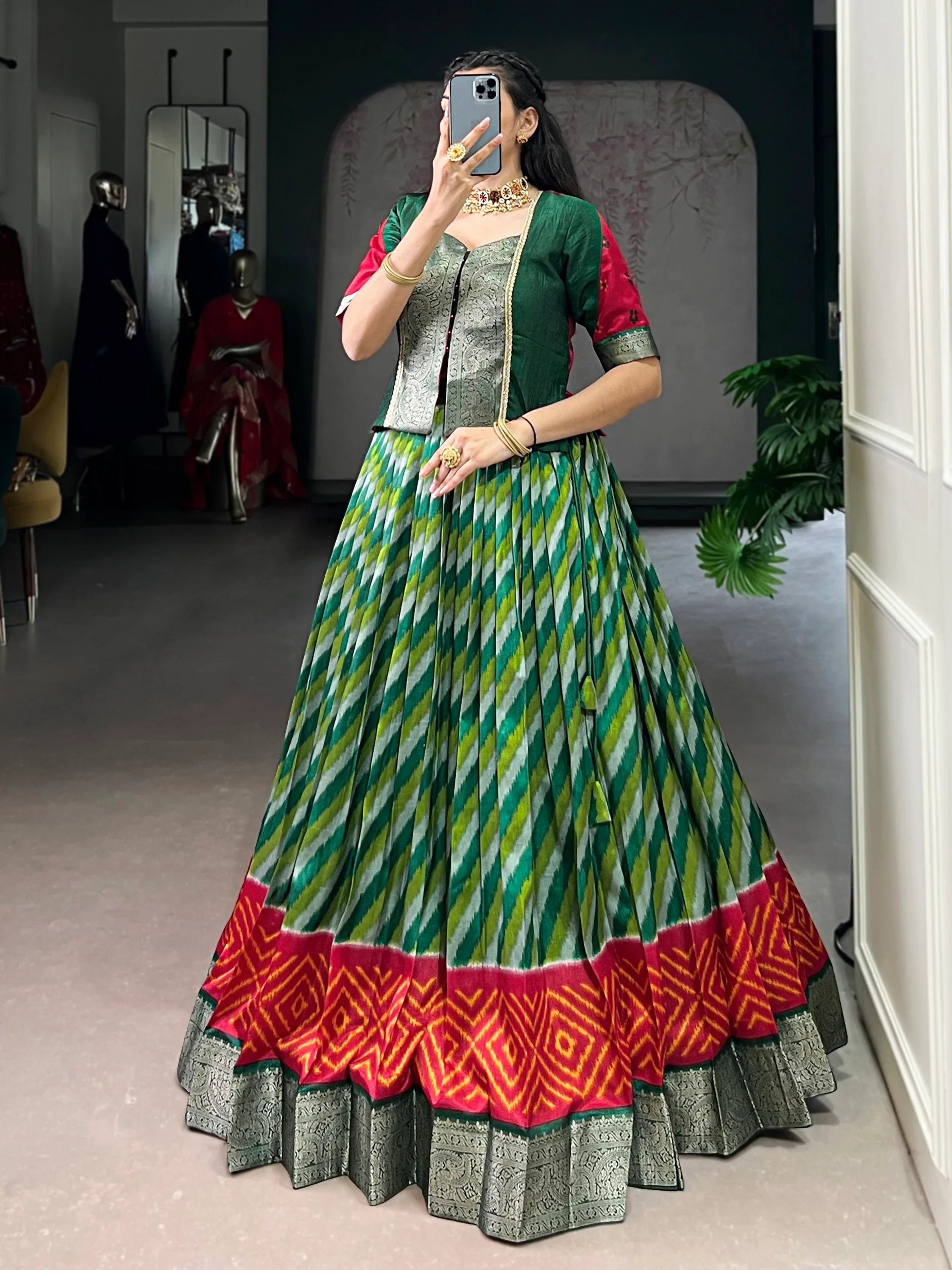 Stunning Green Leheriya Printed Silk Festive Wear Lehenga Choli