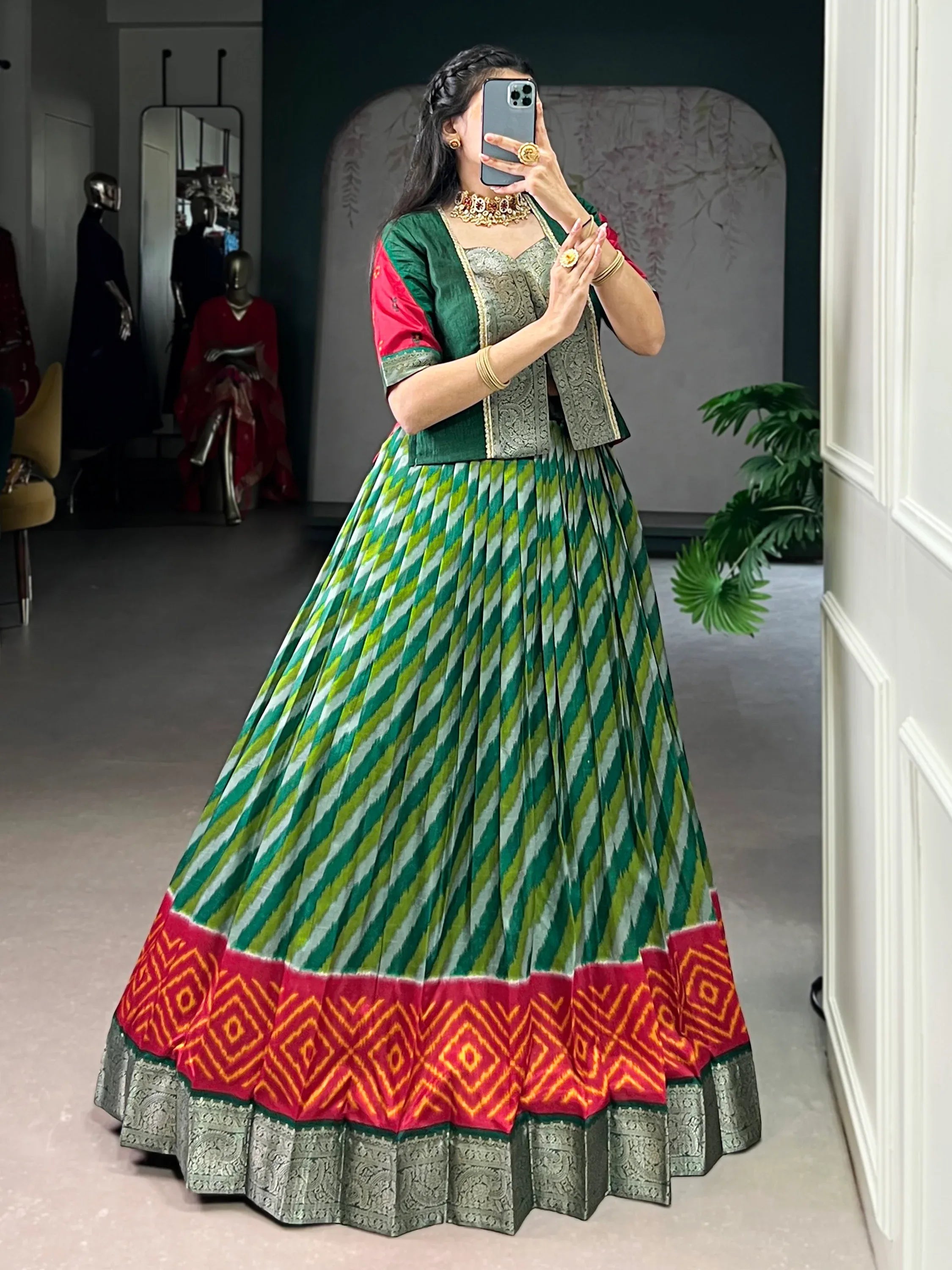Stunning Green Leheriya Printed Silk Festive Wear Lehenga Choli