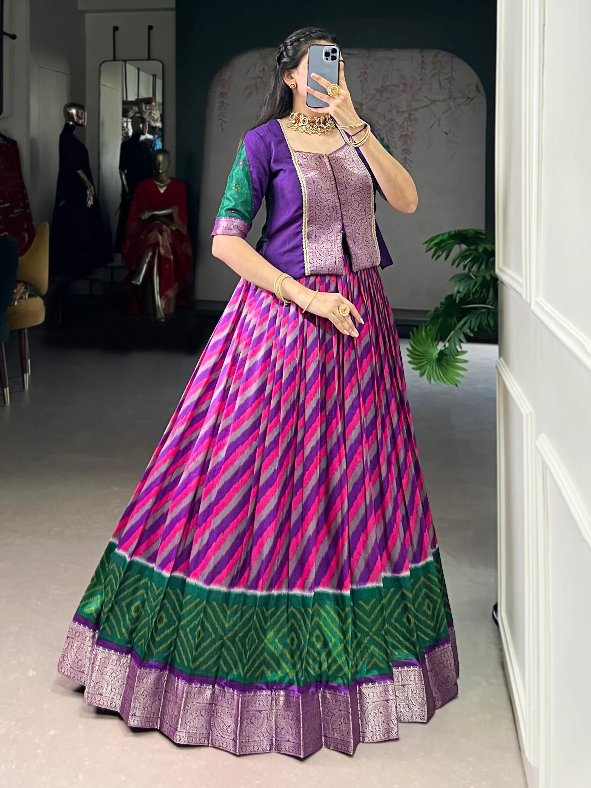 Majestic Purple Leheriya Printed Silk Marriage Wear Lehenga Choli