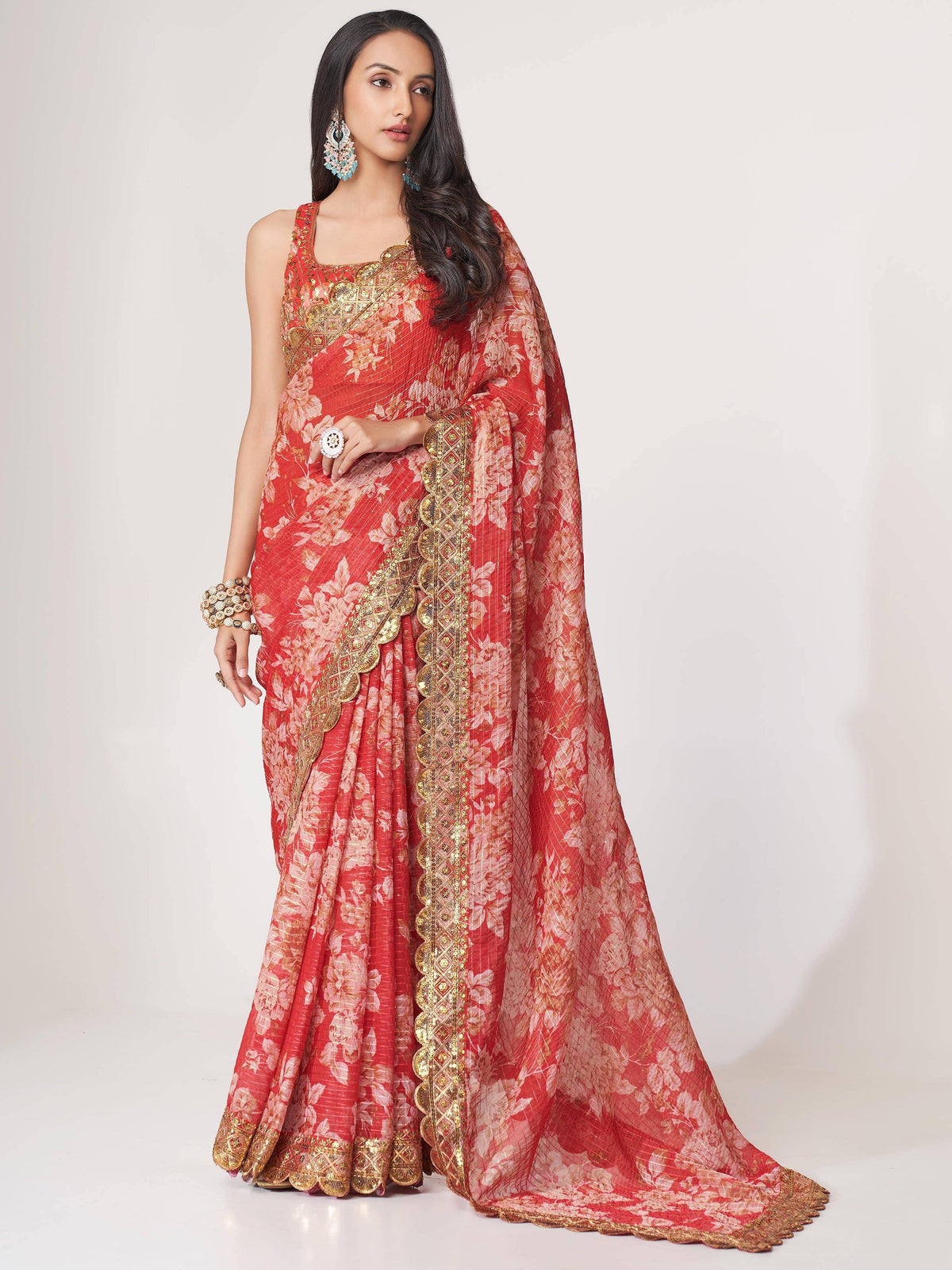 Red floral saree with gold embroidery, Indian ethnic wear for women