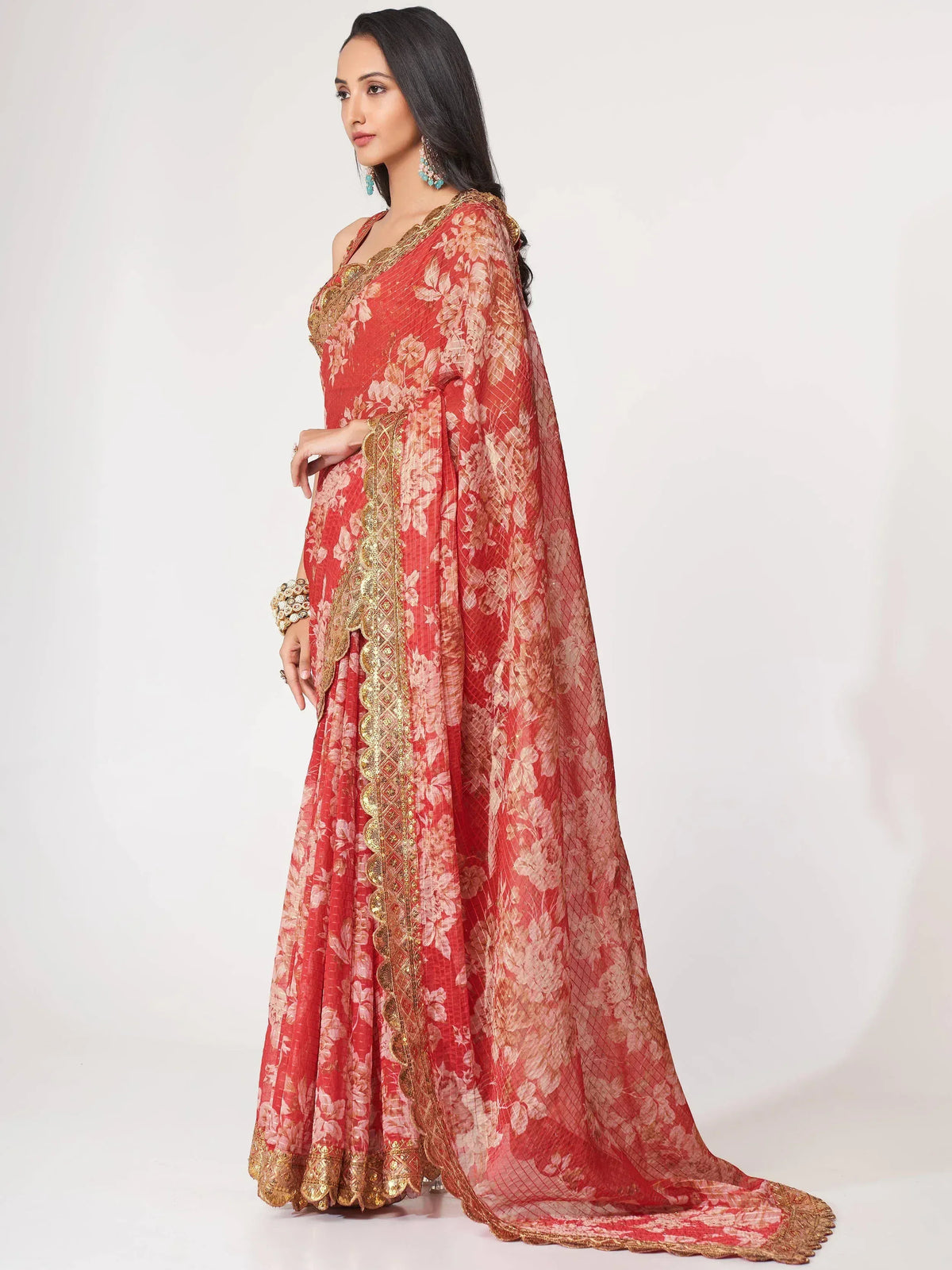 Red floral lehenga choli with gold embroidery and sheer dupatta, Indian ethnic wear