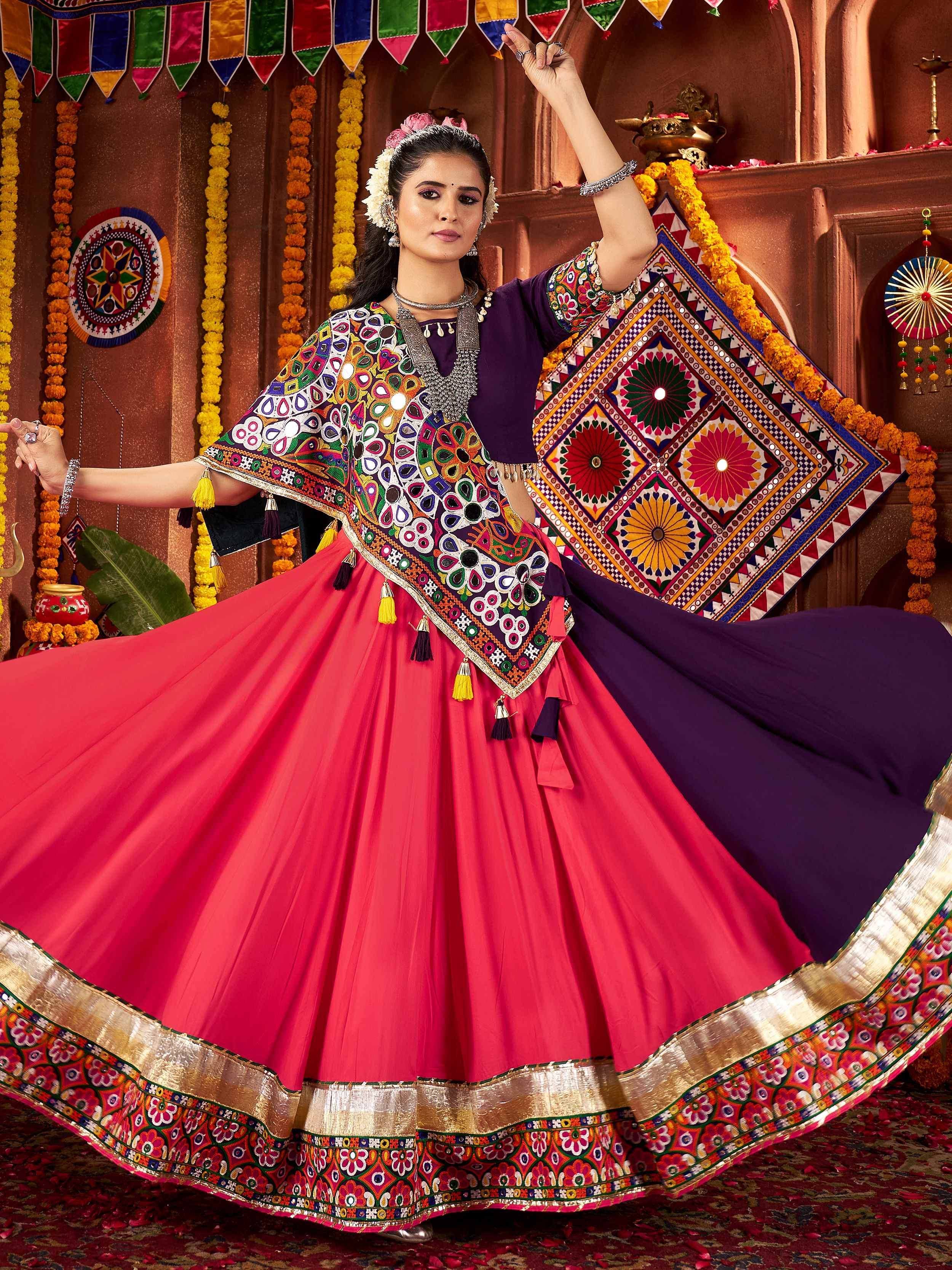 Vibrant Indian ethnic lehenga choli with mirror work and colorful embroidery for festive occasions