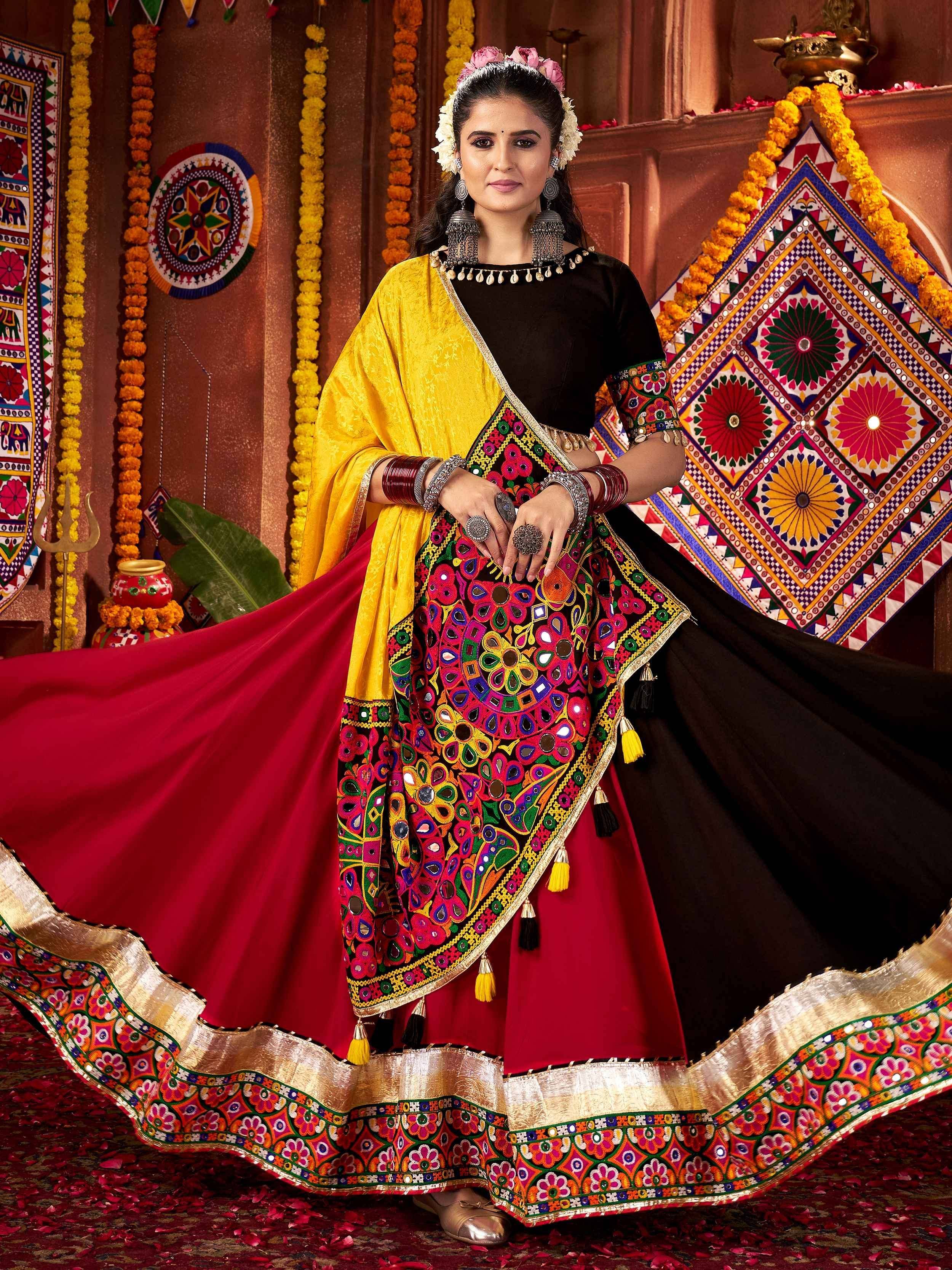 Vibrant Indian ethnic lehenga choli with mirror work, floral embroidery, and bold colors for festive occasions